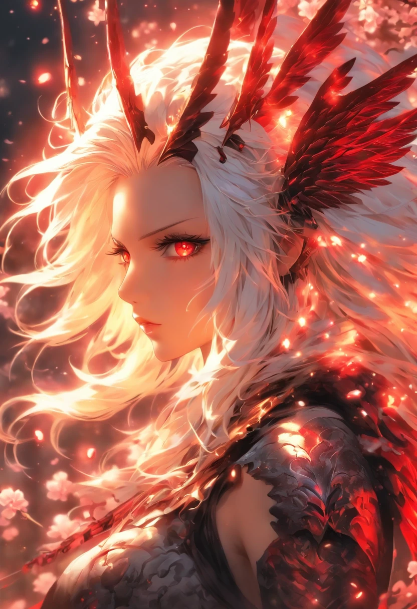 The most beautiful and sexy gothic warrior goddess, long white hair, red eyes, highly detailed white battle armor, glowing white halo, black angel wings, tattoos and piercings, cherry blossoms blowing in the wind, perfect masterpiece, high quality, high resolution