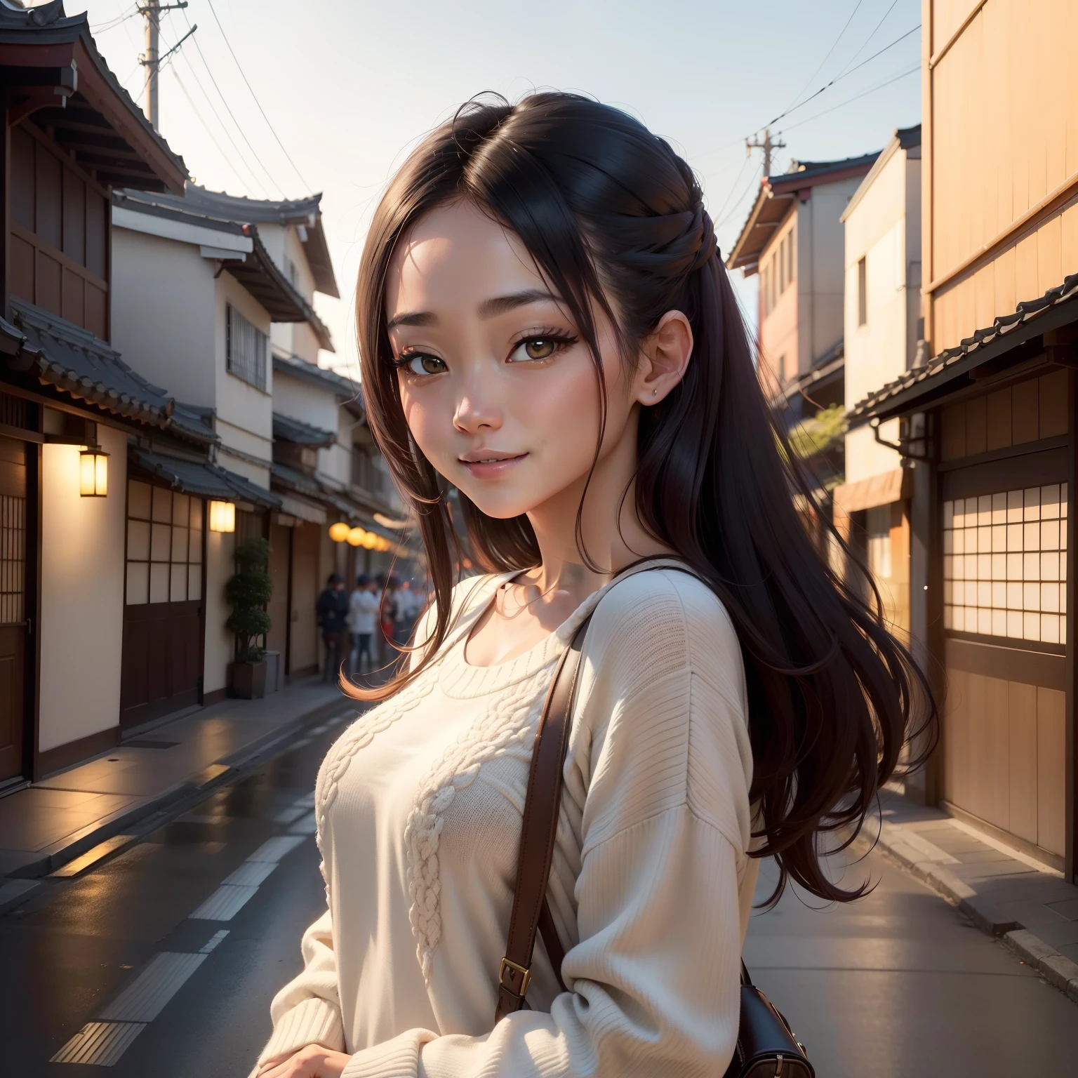 Woman posing in Japan city in casual clothes、Japan girls、olhando para os espectadores、Pose com um sorriso(melhor qualidade、Uma masterpie)))、alta resolução、extremamente detalhado、Uma masterpie、Movie Lighting、(8k、melhor qualidade、Uma masterpie:1.2)、(Realista、fotorrealista:1.37) oi-nada、Super Detalhe、1meninas 、Asian, Uma bela, cara fofa, solo, Cabelos Curtos 1.2, pele texturizada, lindo sorriso, beautiful detailed sky, Movie Lighting, Profundidade de campo, luz flare da lente、(parte superior do corpo:0.5)、dating、(Nariz corado)、(sorrisos:1.15)、(boca fechada)tiny breast、lindosolhos detalhados、(sweater:1.1)、(cabelos curtos:1.2)、cabelo flutuante Nova Frog Style