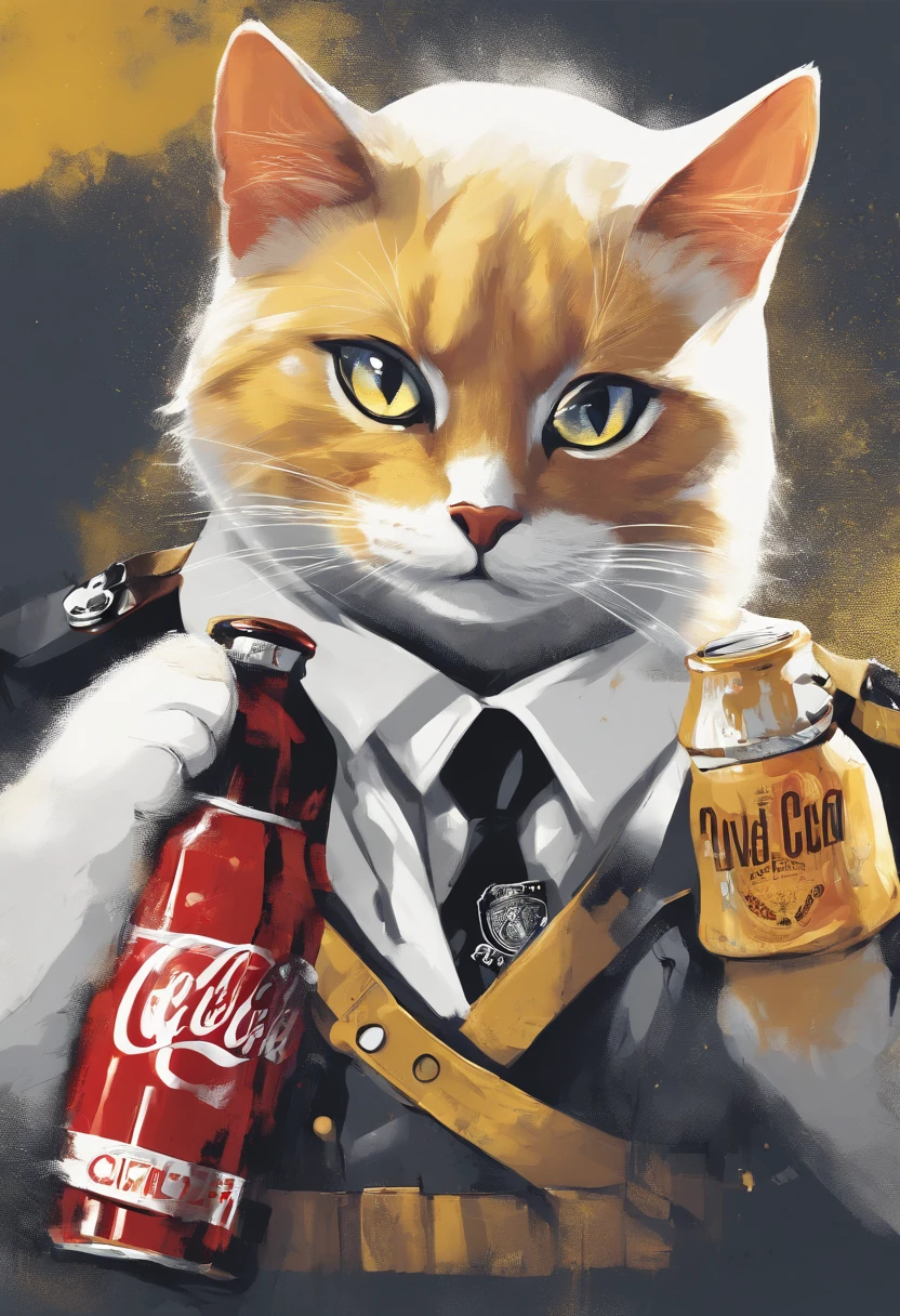 gato policia de color blanco y ojos color amarillo juega con botella de coca cola