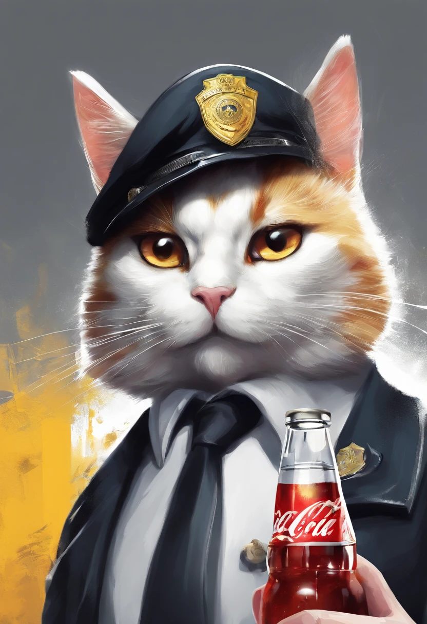 gato policia de color blanco y ojos color amarillo juega con botella de coca cola