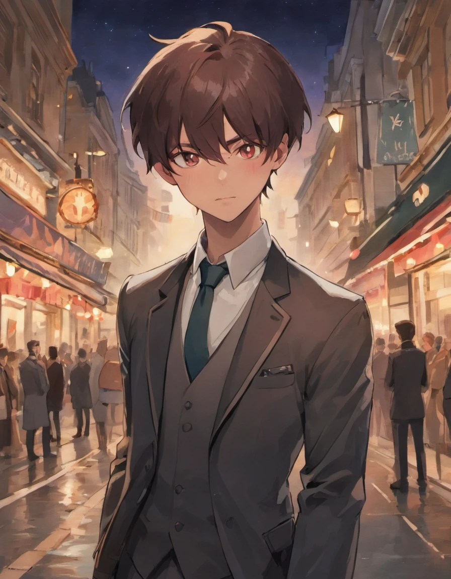 Homem de Anime,cabelos longos,rabo de cavalo longo,rabo de cavalo baixo,louro,cabelos dourados,olhos dourados,elegante,naipe,Herlock Holmes,Detetive,Sarcastic,Comic expression,Olhando para o observador,Standing,Fundo da rua de Londres , London at night in the background, sharp eyes, sorridente, pele escura, homem negro, franja pontiaguda, elegantemente tem,1st ,1Masculino,sozinho,1 homem,roupas vitorianas,londres vitoriana,rabo de cavalo,cabelo longo,loiro,cabelo amarelo,expressao facial comica,sorrindo