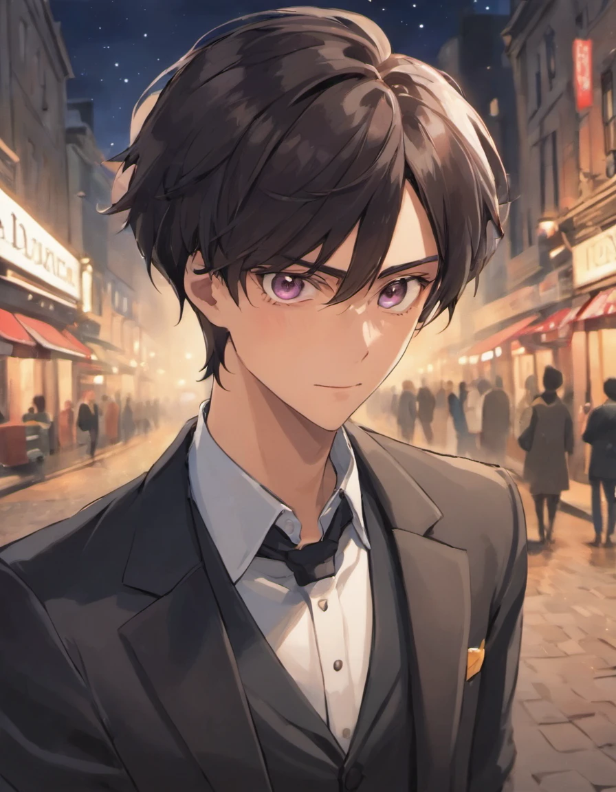 Homem de Anime,cabelos longos,rabo de cavalo longo,rabo de cavalo baixo,louro,cabelos dourados,olhos dourados,elegante,naipe,Herlock Holmes,Detetive,Sarcastic,Comic expression,Olhando para o observador,Standing,Fundo da rua de Londres , London at night in the background, sharp eyes, sorridente, pele escura, homem negro, franja pontiaguda, elegantemente tem,1st grade,1Masculino,sozinho,1 homem,roupas vitorianas,londres vitoriana,rabo de cavalo,cabelo longo,loiro,cabelo amarelo,expressao facial comica,sorrindo