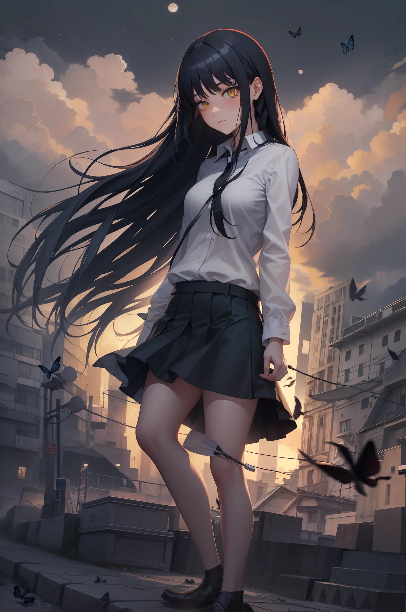 2D, master piece, best quality, (Lora_Nayuta), highly detailed, 1 girl, alone, cowboy shot, a girl with black hair, individual braids, side braids, white shirt, long sleeves, black skirt, embarrassed, blushing, in the air free, black hair. Ring eyes, yellow eyes, Nayuta, black butterflies, scary atmosphere, moonlit night, shades of gray, intense look, sad expression