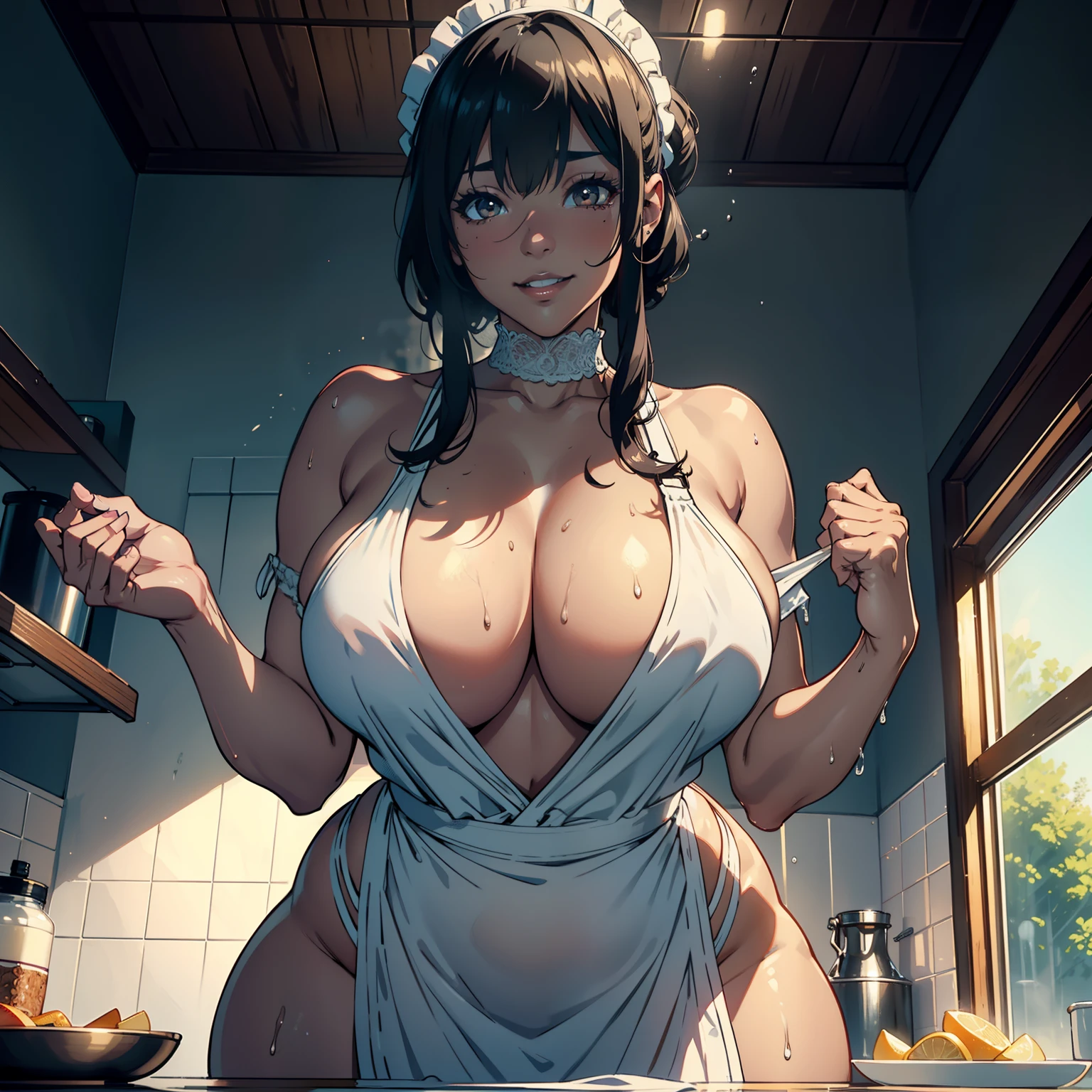 solo,1 mature maid,naked fat_mons, ,(from below),sweating body,lags apart,(((female masturbatiion))),(drenched white panties), wet white apron ,((Dark skin)),trending on artstationh, Intricate details, Highly detailed,, intricate face details,Curvy physique, Thick body,at the kitchen,vibrant, 4K, Intricate details, big breasts enchanting, Professional manufacturing, 12k resolution,(Seductive smile),Black hair