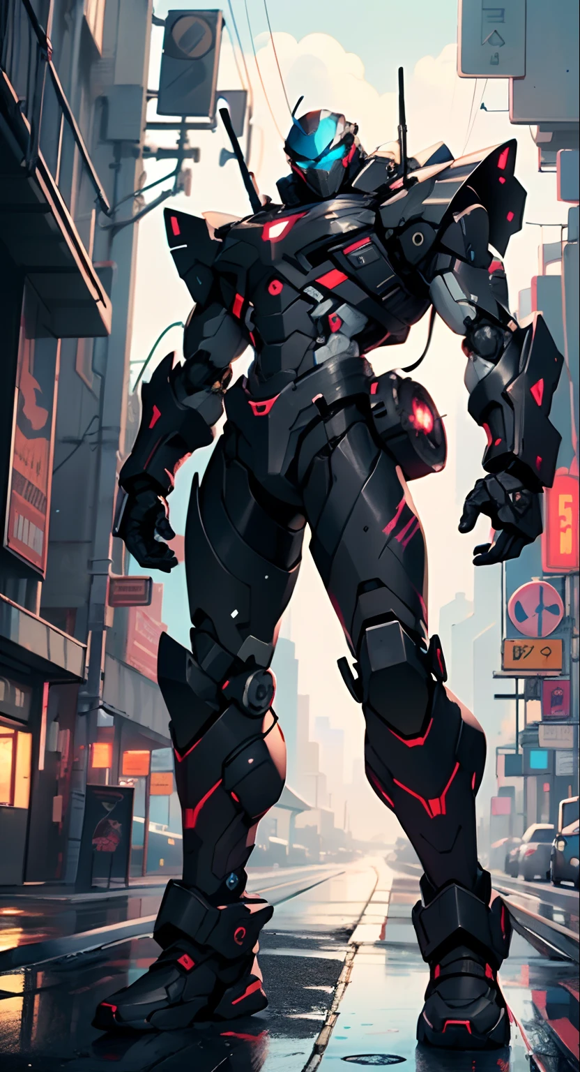 Imposing black plastic metal android robot,three meters tall and with a minimalist design that highlights its marked metallic musculature. His head is smooth and adorned with RGB lights that highlight his uniqueness and futurism.

He carries a metal backpack on his back that contains drones,turrets,and firearms. The backpack has spidery legs that allow it to move quickly.

Although most of his body is a deep,glossy black,there are orange,purple,and blue details that highlight his striking,futuristic design. It is undoubtedly an impressive creation that does not go unnoticed.

(((muscular))),hypermuscle, hyper muscles,carbon robot,humanoid robot, robot, robot joints, joints, helmet, armor, head-mounted display,

(dynamic pose:1.0),solo focus,(centered,scale to fit dimensions,Rule of thirds),

cyberpunk city by the ocean at night, with bright neon signs and dark stormy clouds and puddles,

highres, sharp focus, (ultra detailed, extremely detailed), (photorealistic artwork:1.37),(extremely detailed CG unity 8k wallpaper),((synthwave background theme)),(((vibrant colors))),(intricate),(masterpiece),(best quality),synthwave neon colors,