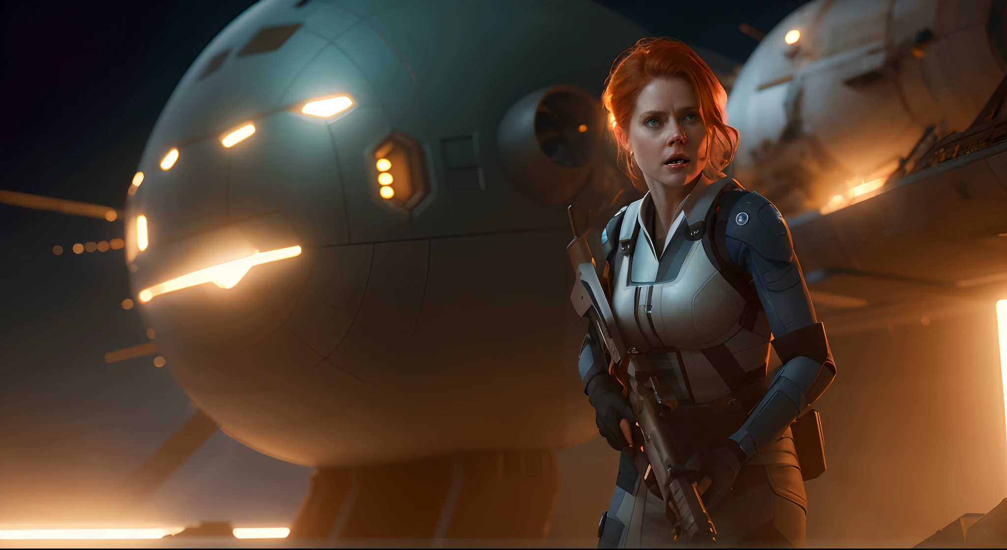 Hot terrified Sci fi Amy Adams holding a sci fi weapon on Ishimura Horror Space Ship photography, natural light, photorealism, cinematic rendering, ray tracing, the highest quality, the highest detail, Cinematic, Third-Person View, Blur Effect, Long Exposure, 8K, Ultra-HD, Natural Lighting, Moody Lighting, Cinematic Lighting