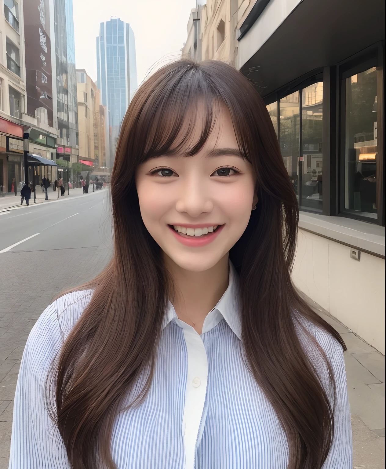 ((top-quality、in 8K、​masterpiece:1.3))、1girl in、Beautiful woman with plump abs emphasized:1.3、(The long-haired、Colossal tits:1.2)、In the city、Super delicate face、wholesome、二重まぶた、A smile that showed teeth、Wearing a collared shirt、Looking at the camera、Big smile、Look here、Look at me with your eyes wide open、Cozy feeling、Take a walk around the city