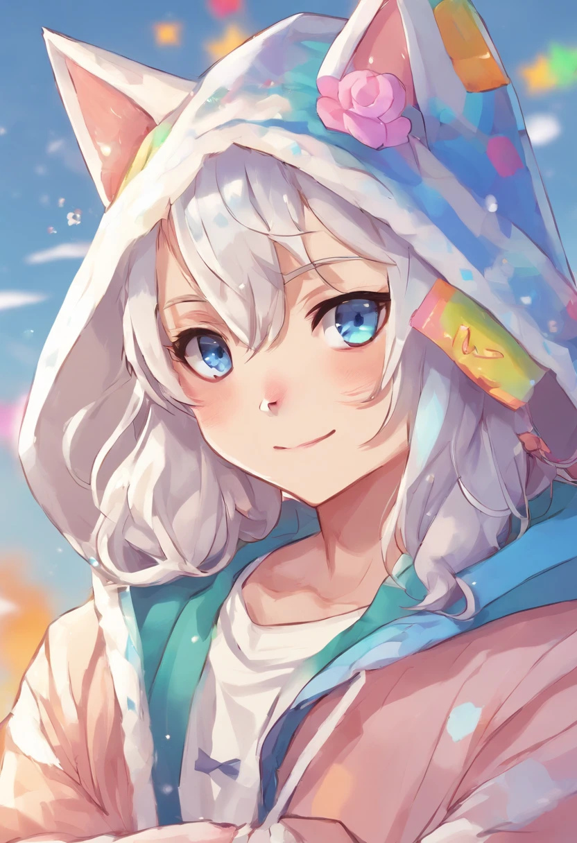 adult Male neko wearing a soft cute outfit, has bright blue eyes and long white hair, wearing black hoodie