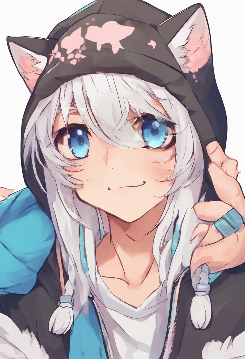 adult Male neko wearing a soft cute outfit, has bright blue eyes and long white hair, wearing black hoodie