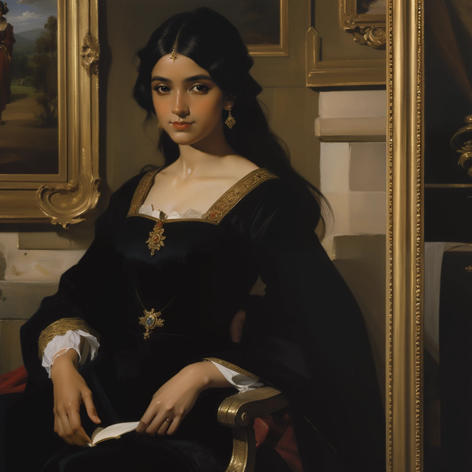 Oil painting of a beautiful young noble woman wearing a long dress,pele branca de olhos azuis,in a Portuguese mansion.