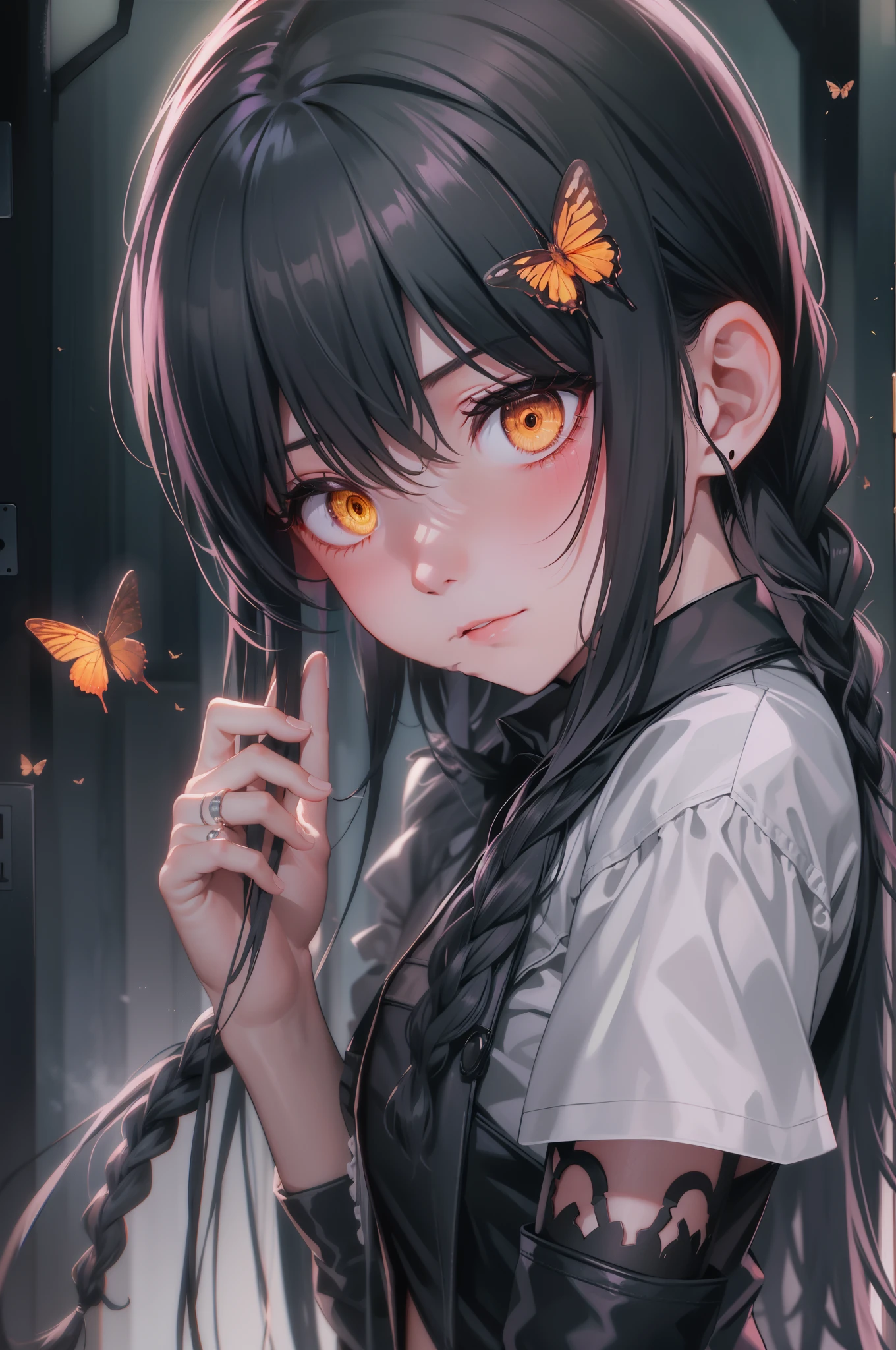 2D, master piece, best quality, (Lora_Nayuta), highly detailed, 1girl, alone, cowboy shot, a girl with black hair, individual braids, side braids, white shirt, long sleeves, black skirt, blushing, outdoors, Ring eyes, yellow eyes, Nayuta, black butterflies, scary atmosphere, moonlit night, shades of gray, intense look, sad expression