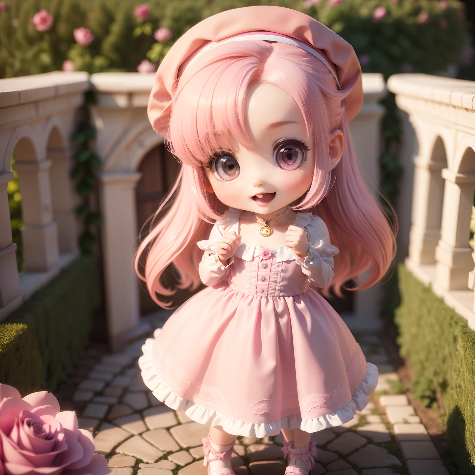 Cute Baby Chibi Anime, (((Chibi 3D))) (BES T quality) (Master Price)、 Chibi Model、light pink long hair、Riding a pink horse、 Pink and magenta jewelry decoration costume、Pink beret、Hedge of pink roses、Rose Garden of Bagatelle, France、Open your mouth and smile、ultra-detailliert、a small face、Standing、(Chibi:1.4)