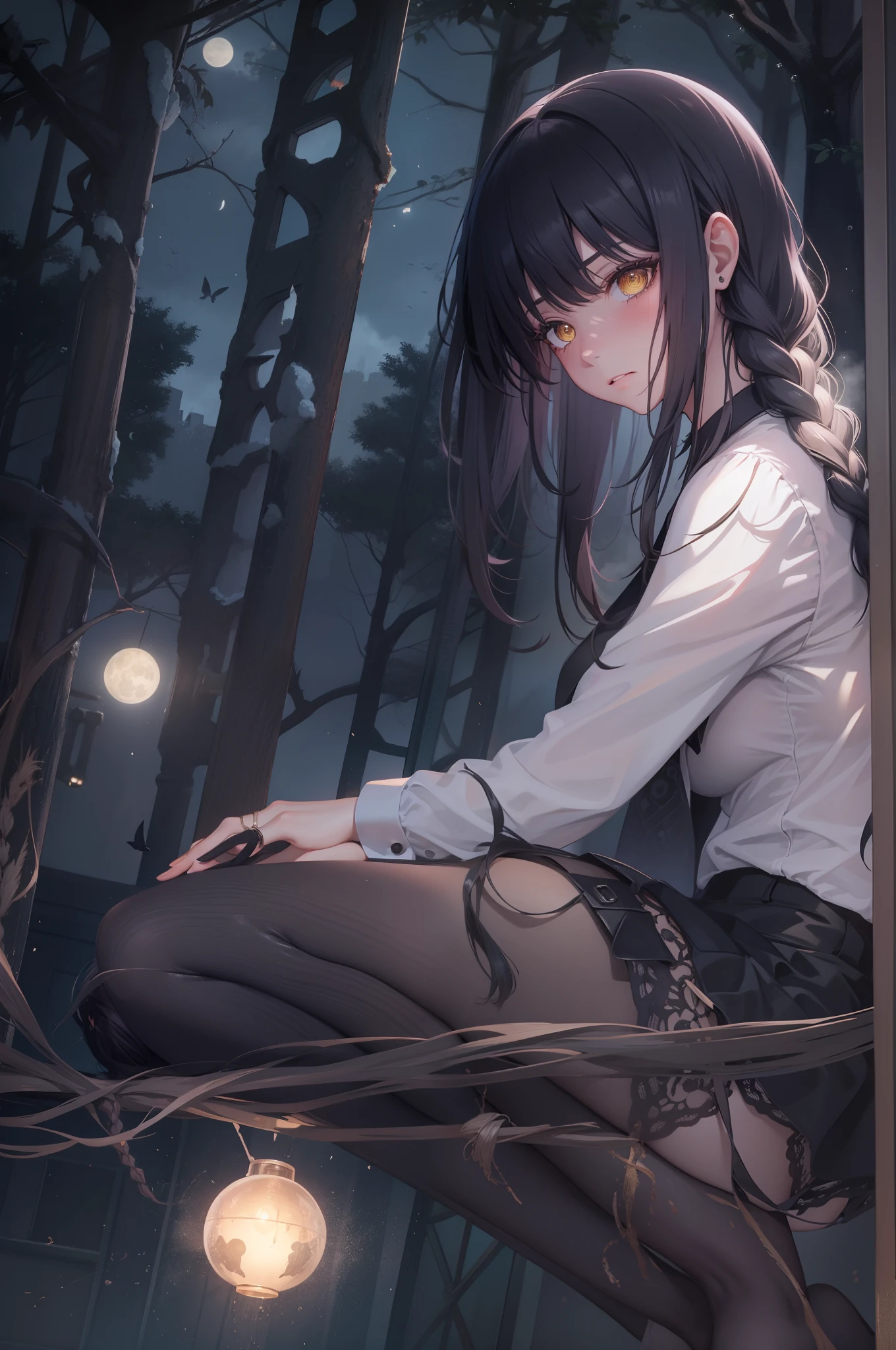 2D, master piece, best quality, (Lora_Nayuta), highly detailed, 1girl, alone, cowboy shot, a girl with black hair, individual braids, side braids, white shirt, long sleeves, black skirt, blushing, outdoors, Ring eyes, yellow eyes, Nayuta, black butterflies, scary atmosphere, moonlit night, shades of gray, intense look, sad expression