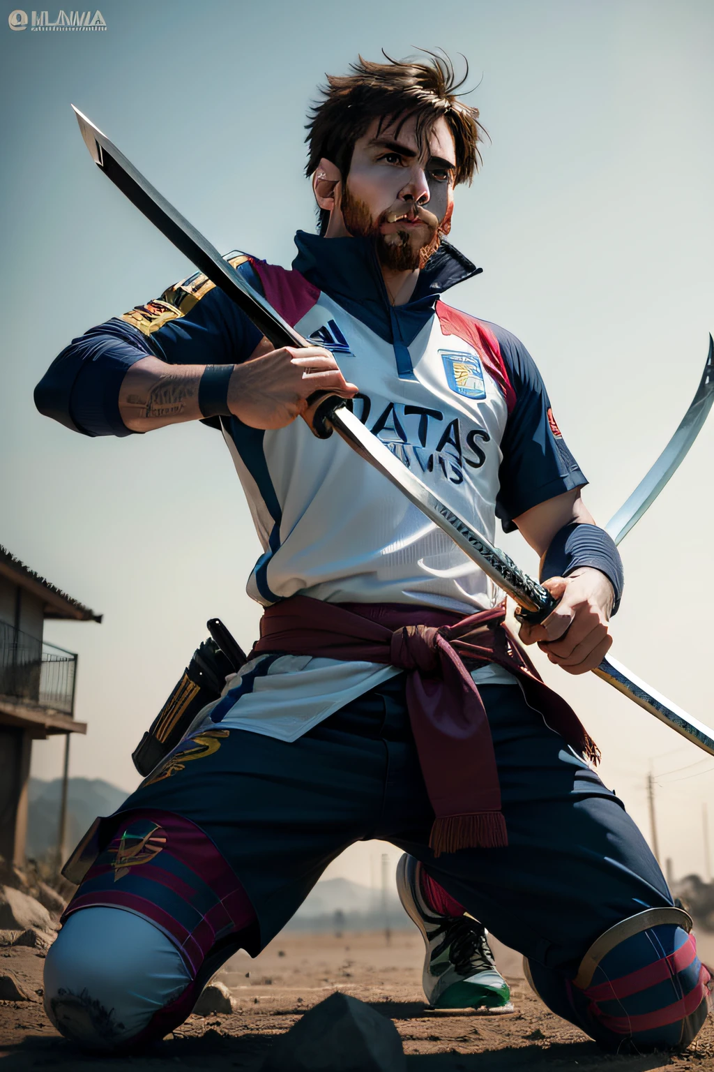 messi como super vilao com uma katana em chamas