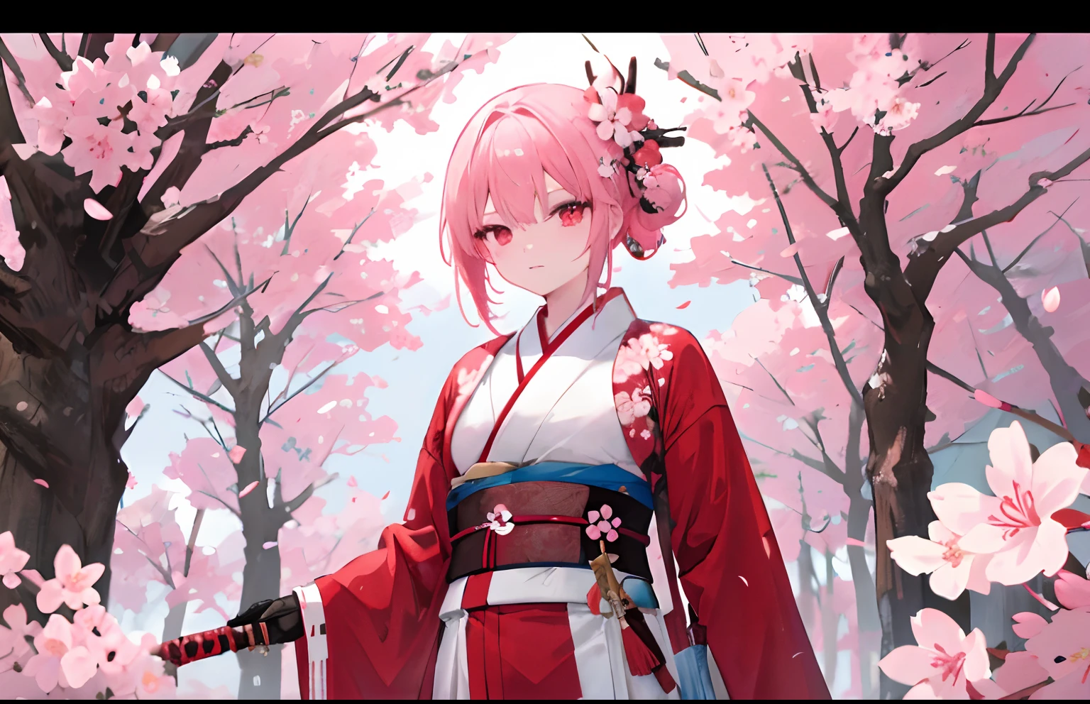 girl with、Weapons with blood on them、natta、Great body、Flesh-colored hair、Sword、Kimono、Holding a weapon with blood on it、Cherry blossoms are dancing、bobhair、Ordinary girl、 K、fine portrayal、Red light