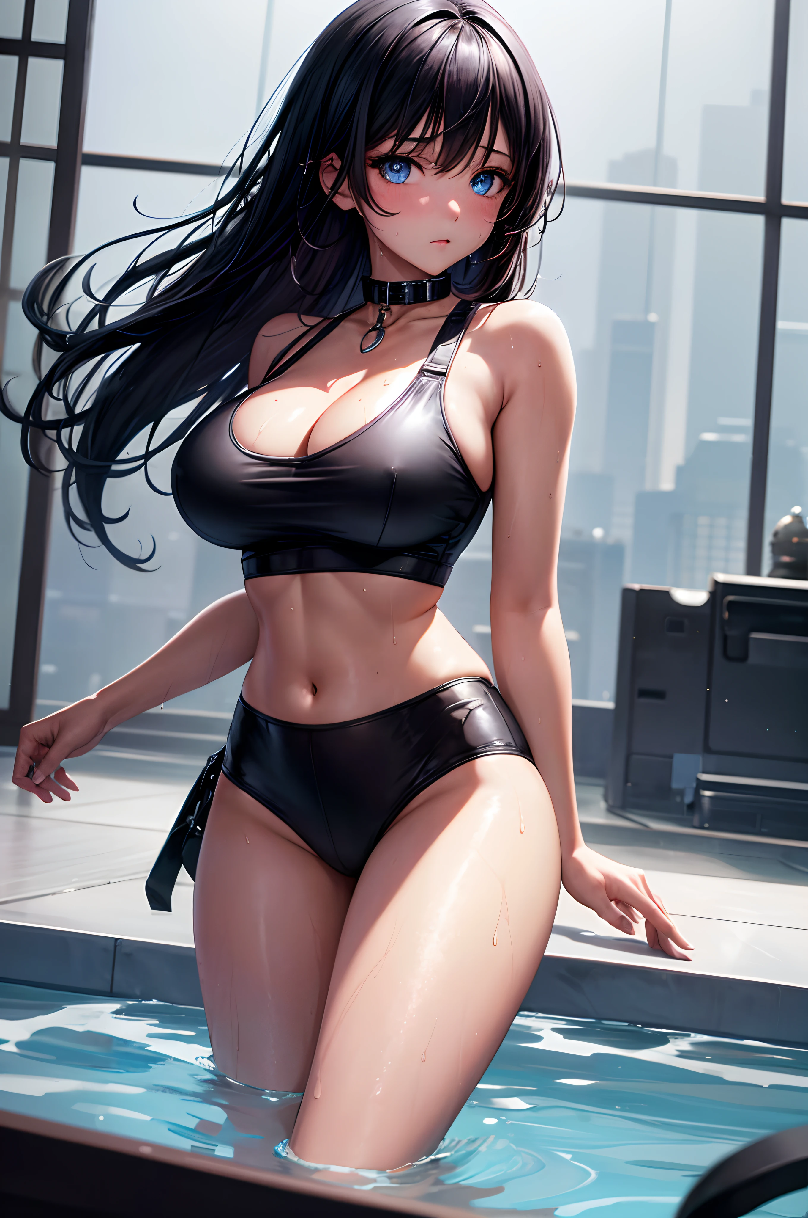 1girl, absurdres, high res, ultrasharp, 8K, masterpiece, looking at viewer, black hair, black crop top, thighs, breasts, wet, blue eyes, blushing, collar