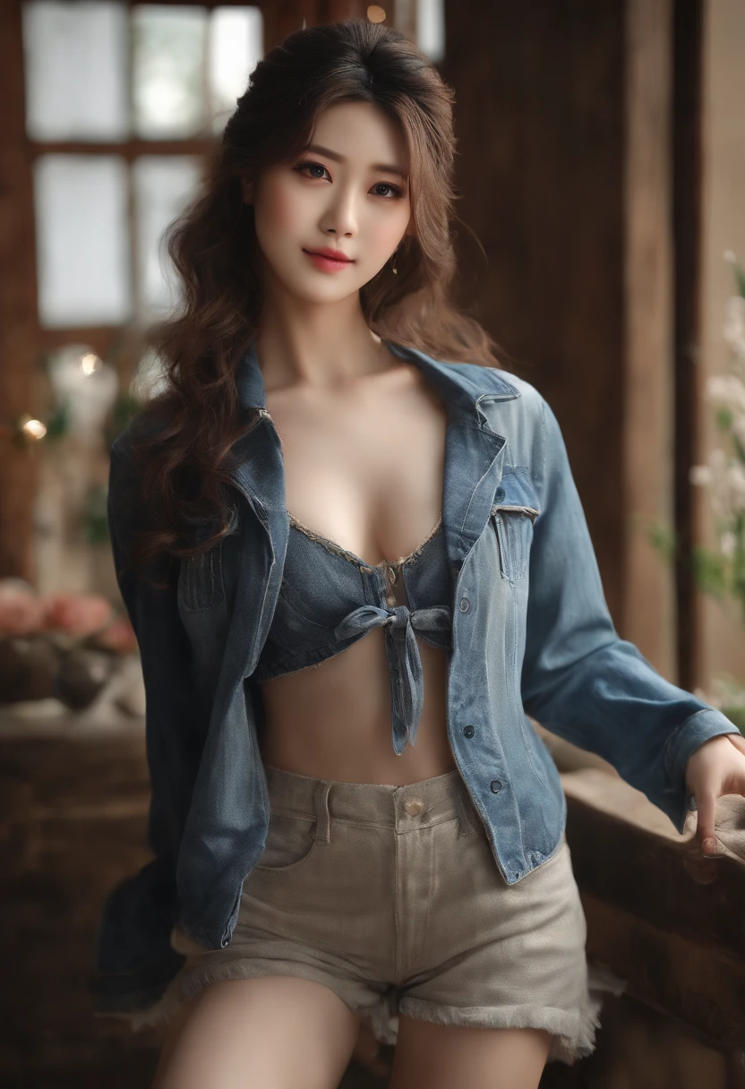 masutepiece, Best Quality, japanaese girl, 8K, top-notch quality, masutepiece, nffsw:1.2, exceptionally detailed RAW color photo, professional-grade photograph, (Realistic, Photorealistic:1.37), (highly detailedskin:1.2), Ultra-high resolution, (lenz 50mm), (masutepiece, top-quality:1.3), (Ultra detailed 8K cg:1.2), (hyper realisitic:1.35), (Photorealistic:1.45), (Realistic:1.4), Cowboy Shot, 1 beautiful Japanese girl, 22 years old, super model, Japanese Idol,、Young adorable Japan face、Portrait of female Japan idol、A Japanese Lady、messy hair style、Popular makeup in Japan、Upper body naked、nude,nsfw、a smile、bra very、（Smaller chest:1.25)