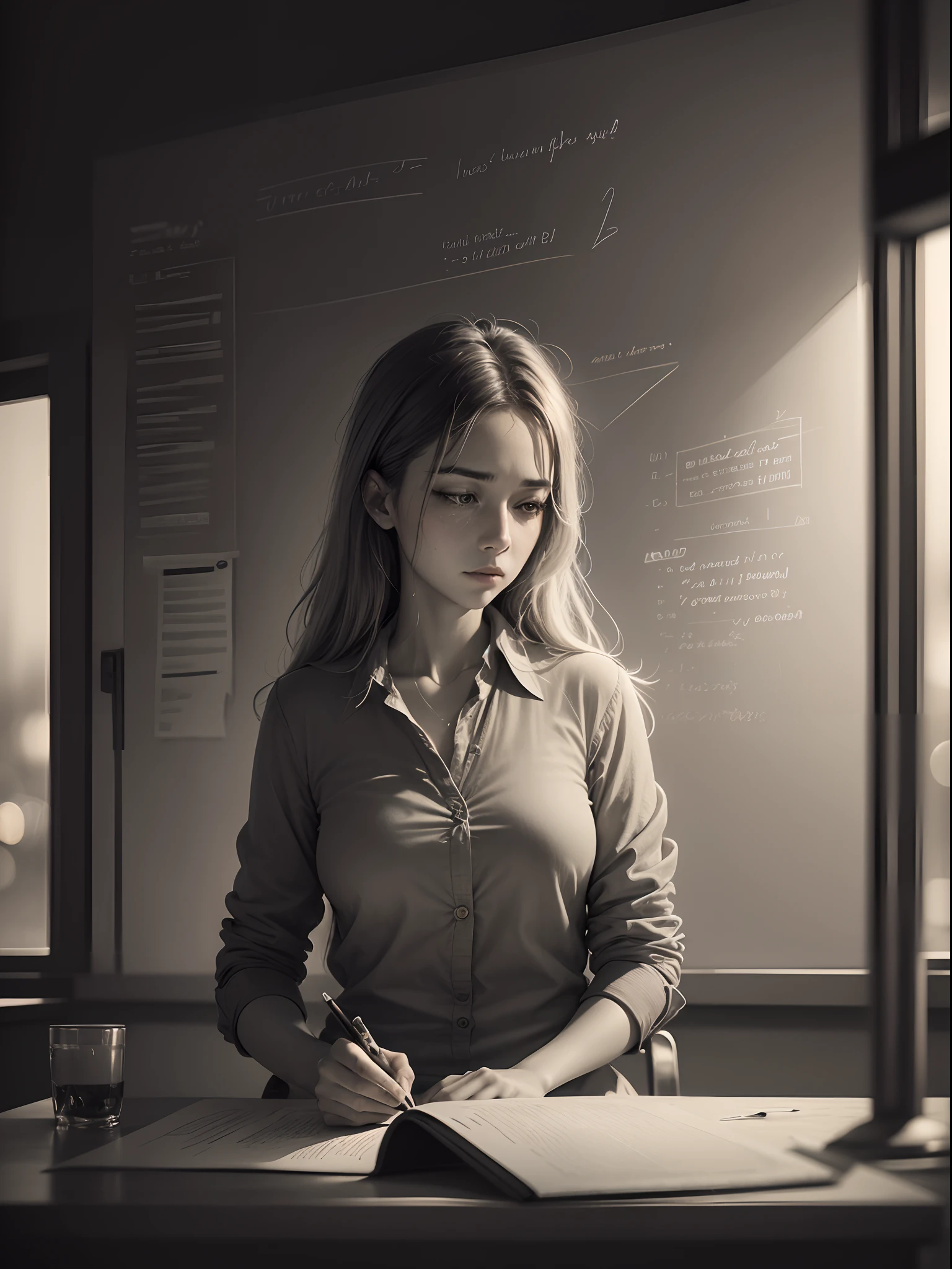 Story, beautiful Teacher, in classroom, whiteboard, elaborate scene style, realistic style, 8k, exposure blend, medium shot, bokeh, (hdr:1.4), high contrast, (cinematic), (muted colors, dim colors, soothing tones:1.3), (hyperdetailed:1.2), (noir:0.4)