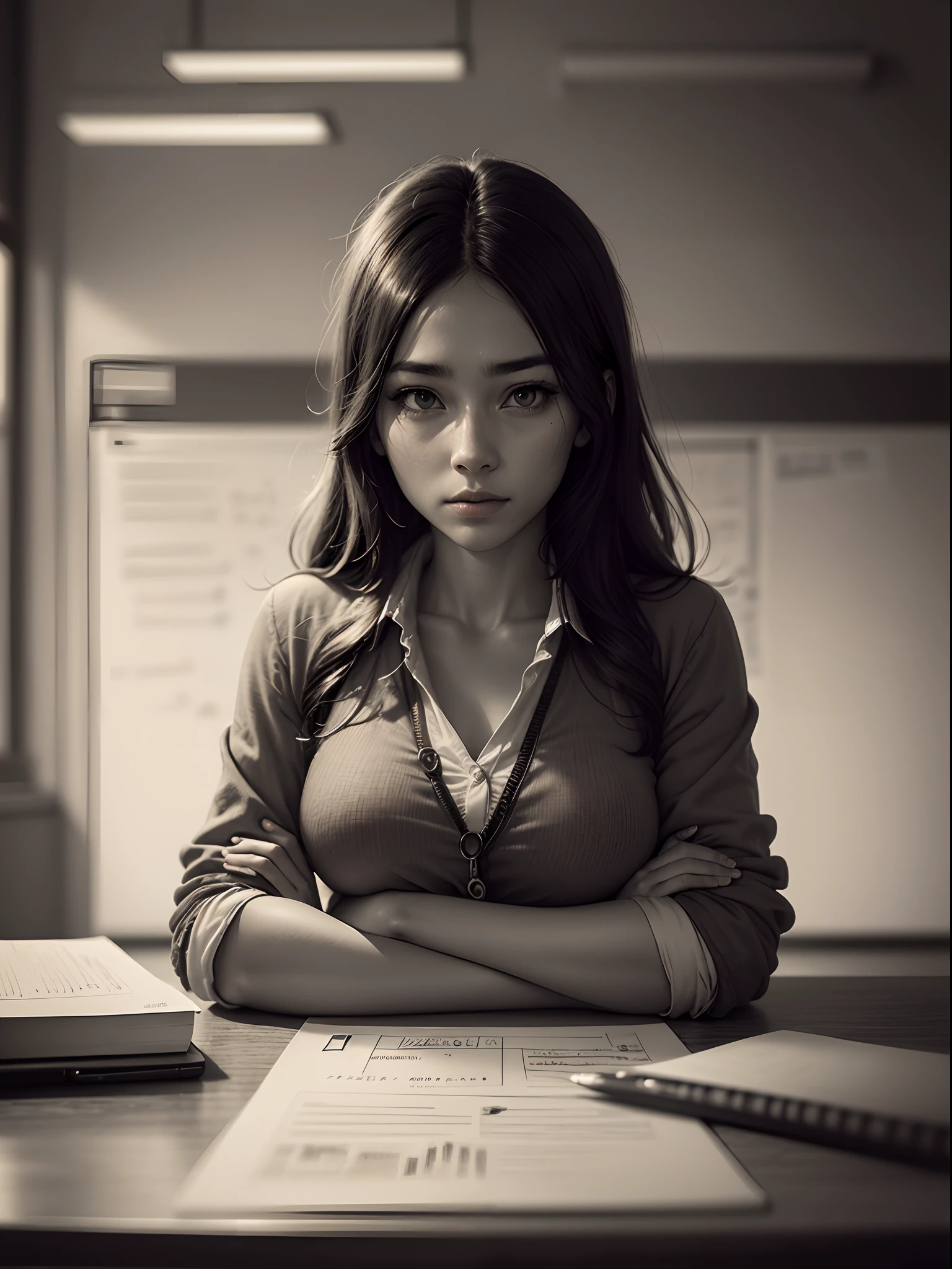 Story, beautiful Teacher, in classroom, whiteboard, elaborate scene style, realistic style, 8k, exposure blend, medium shot, bokeh, (hdr:1.4), high contrast, (cinematic), (muted colors, dim colors, soothing tones:1.3), (hyperdetailed:1.2), (noir:0.4)