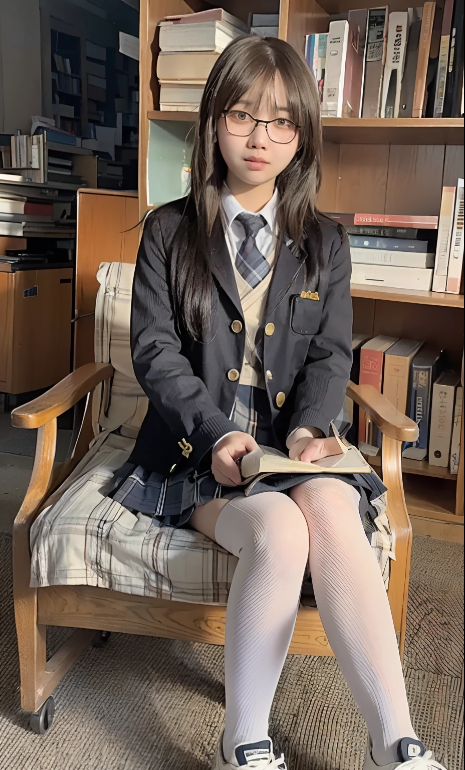 1girl, (raw photo:1.2), (photorealistic:1.4), beautiful girl, high resolution, very detail, best quality, masterpiece, ((school girl wear school uniform)), illustration, 8k wallpaper, , (wearing glasses), ((sitting on chair and reading a book)), ((full body)), converse shoes with knee high sock, at library, wide angle