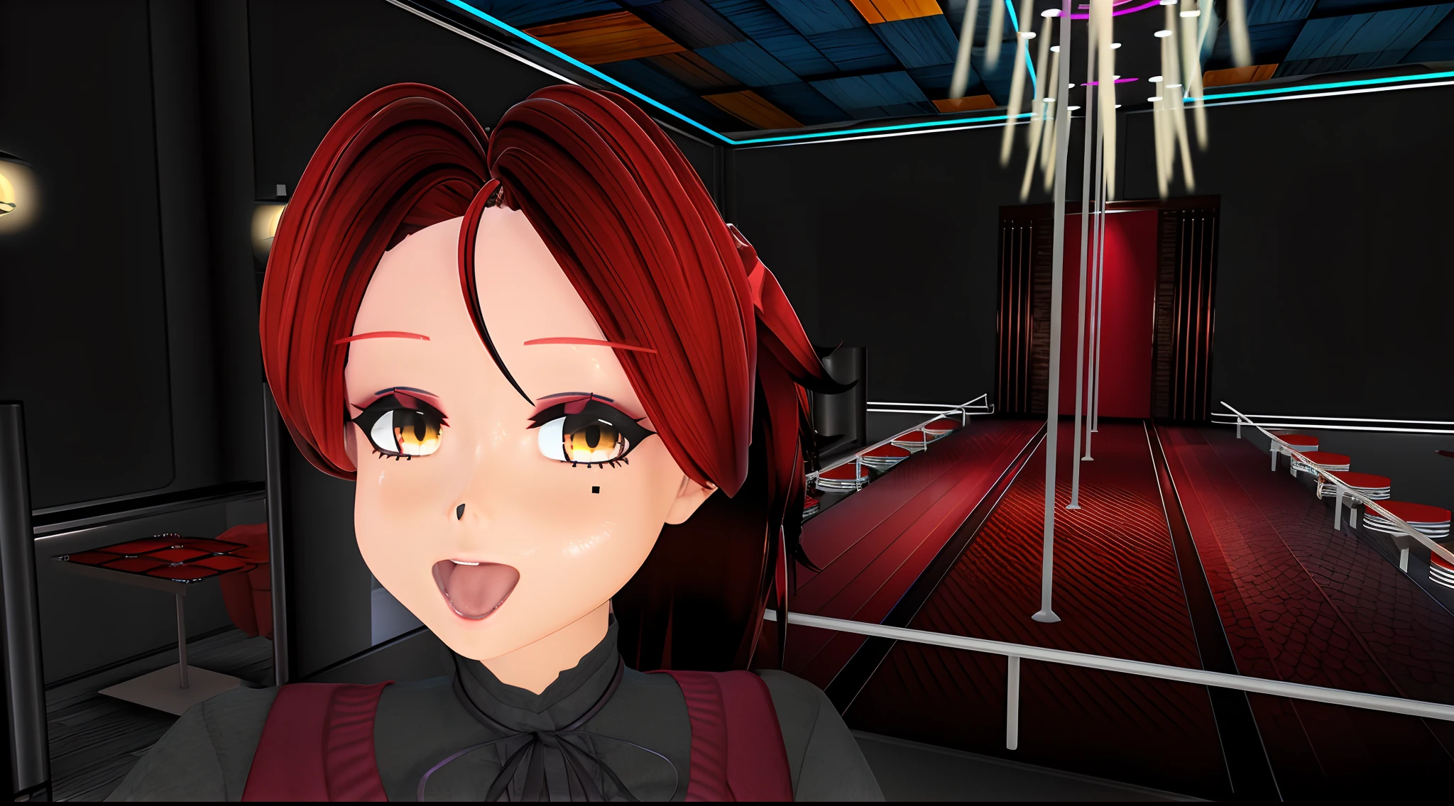 Anime girl with red hair and black dress in a room, Inspirado juego Gacha Club, IMVU, Furthermore, ( ( ( ( Renderizado 3D ) ) ) ), ( ( Renderizado 3D ) ), Indicios de Yayoi Kasuma, IG Studios estilo anime, Avatar de Second Life, ((rojo)) ojos holgados, Chica anime 3D, 8k!!