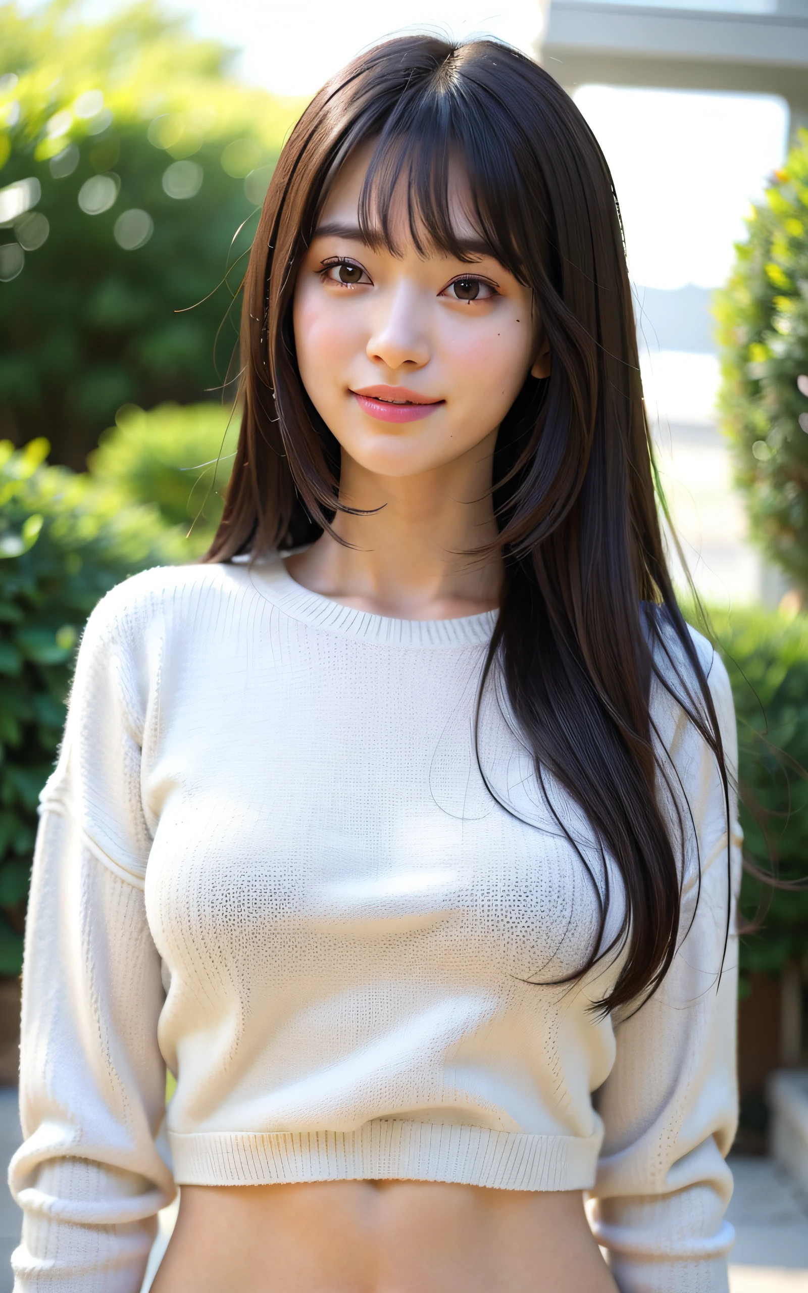 masterpiece, Best Quality, 8K, 22 yo, Raw photo, smile, Solo, Medium breasts, cute, girly, Goddess, Idol face, Delicate girl, neat and clean beauty, Upper body, Digital SLR, Looking away, Candid, Sophisticated, Professional Lighting, Film grain, (Eyes and faces with detailed:1.0), sway in the wind Medium length straight hair, bangs, sweater, (Bokeh:1.1)