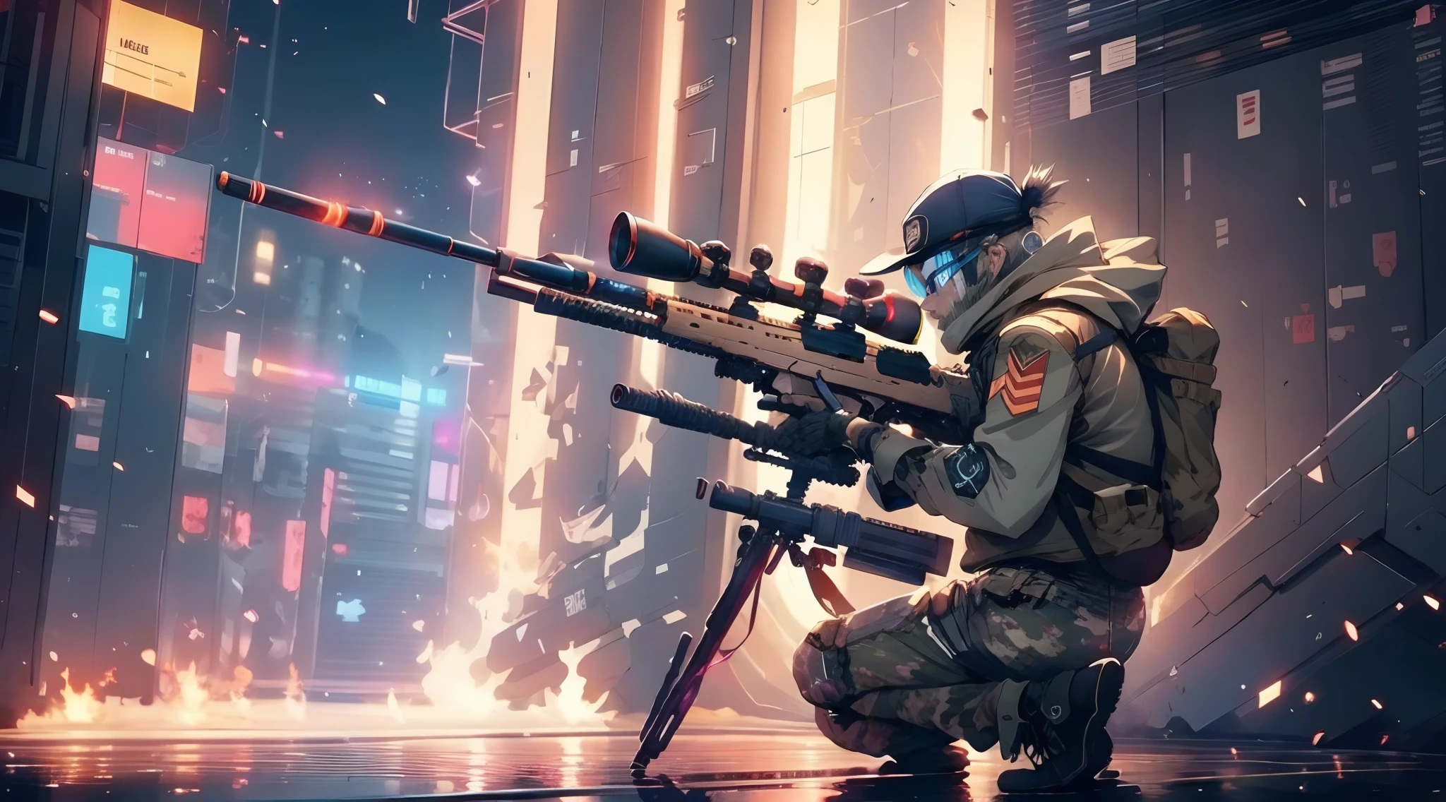A cyborg man in uniform holding a rifle and aiming at something, sniper rifle sopmod cyborg frontline,, fine details. from girls frontline, with rifle, cyborg frontline cg, anime style 4 k, cyborg frontline, clean detailed anime style, 4 k manga wallpaper, anime style. 8k, anime machine gun fire((( perfect sniper rifle))) (((perfect sniper scope)))
