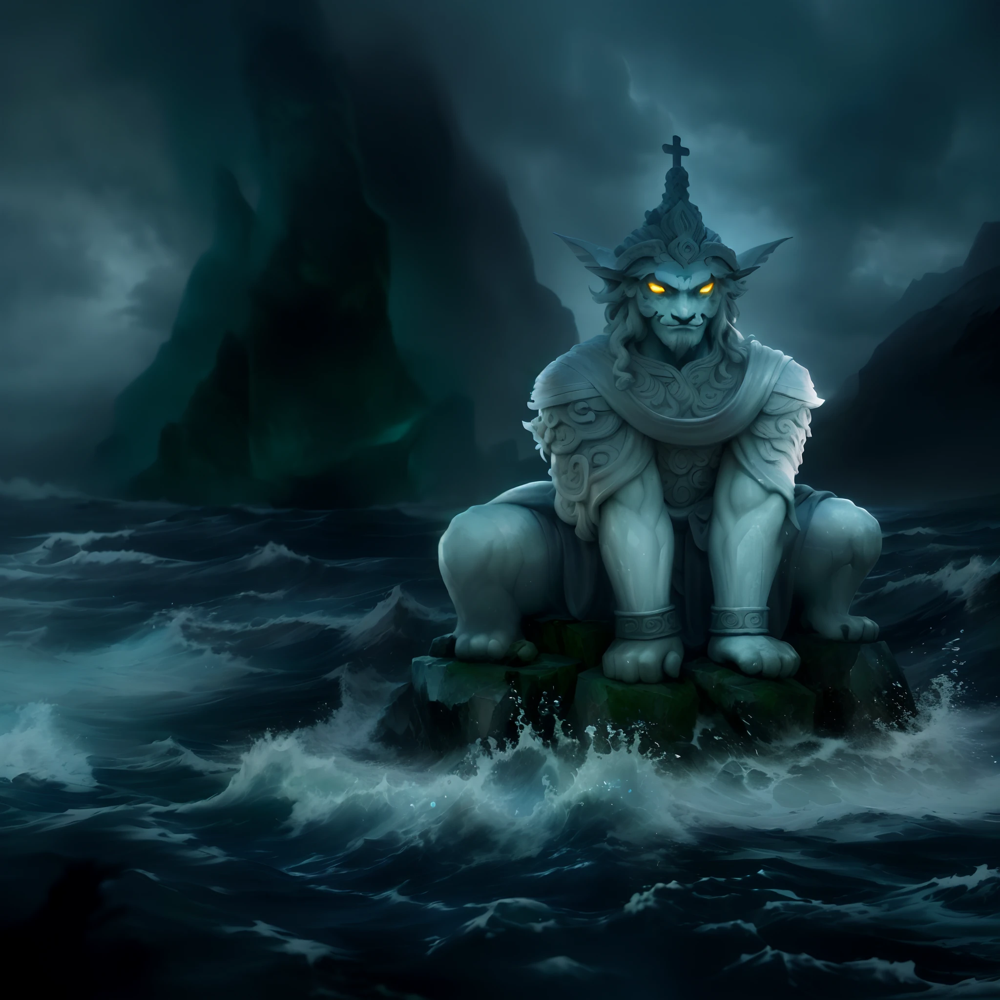 there is a statue of a man sitting on a rock in the water, asura from chinese myth, the god of the sea, water demon, narasimha, greek myth digital painting, epic digital painting, god of the ocean, guardian of the holy lake, king of the sea, an ominous fantasy illustration, the sea and storms behind him, matte digital painting