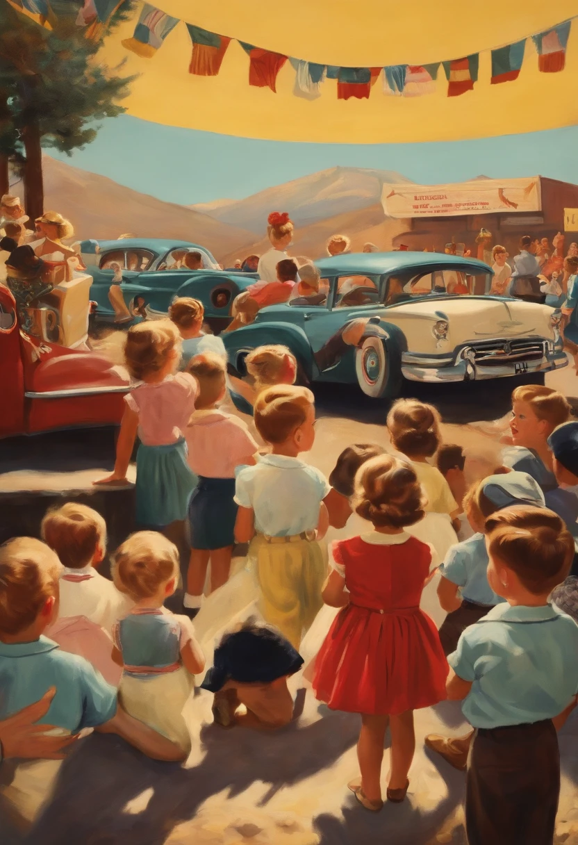 Set of small children in 50's clothes watching a rock show in the background