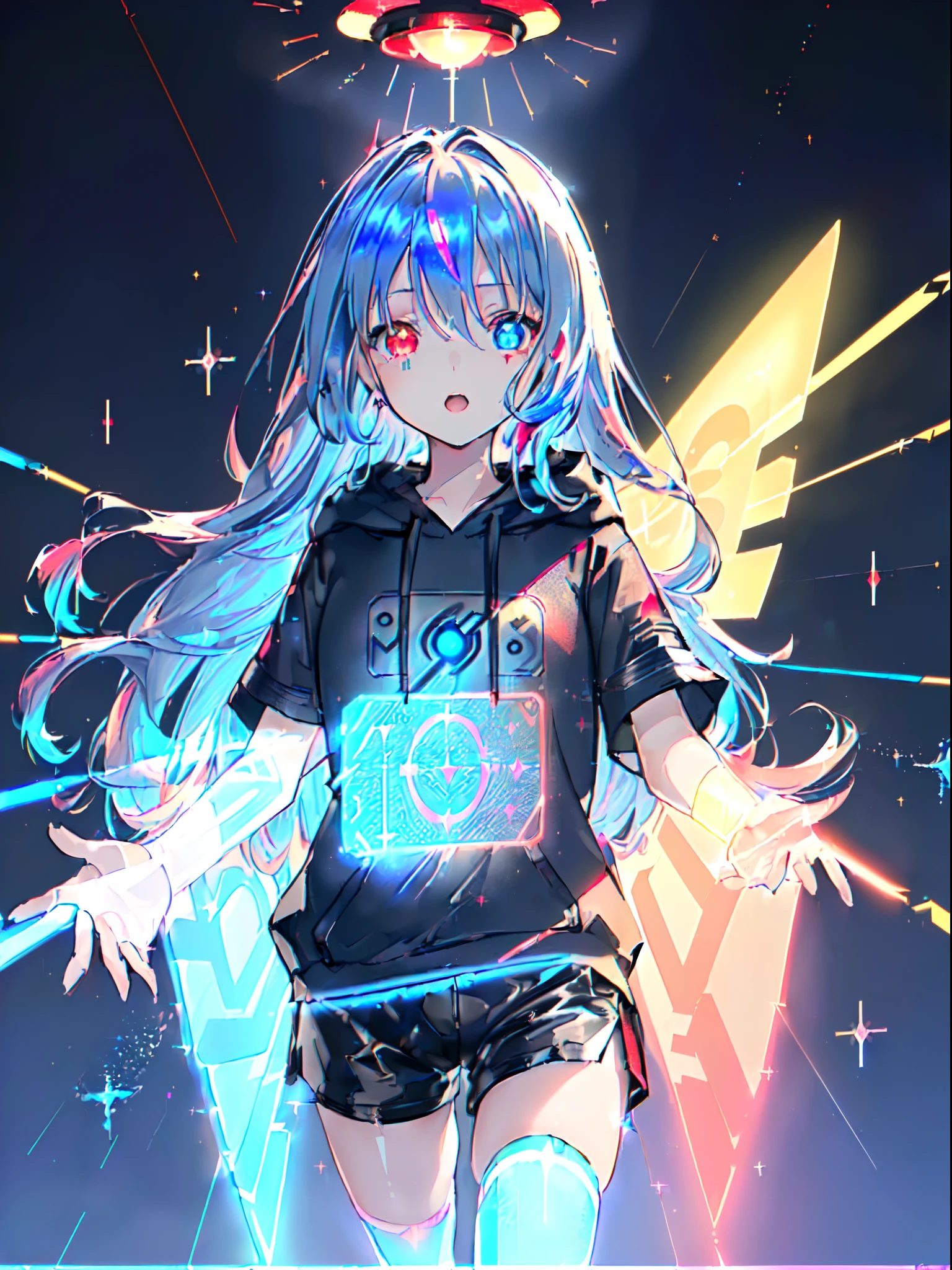 ((masutepiece)), ((Best Quality)), ((Delicate Light)), ((delicate illustration)), (One girl, About 10 years old, Straight in front, Blue hair, Long hair, Futuristic clothes, Black hoodie, Black shorts:1.2), (Heterochromic, Blue Eye, Red Eye:1.4), (widely opened eyes, Slightly open mouth, Red cheeks:1.3), (Discharge effect:1.2), (Shining eyes:1.3), (Delicate hand), (Glitter Effects:1.4), (a hologram:1.3), (A lot of glowing letters float around the girl:1.4), (System bug effects:1.5),