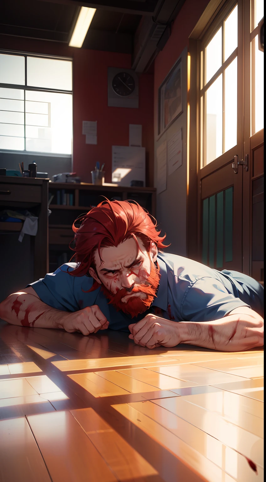 1man,40s,solo,teacher outfit,red hair,beard,serious face,destoyed classroom,lying on the floor, bruised, blood all over the body