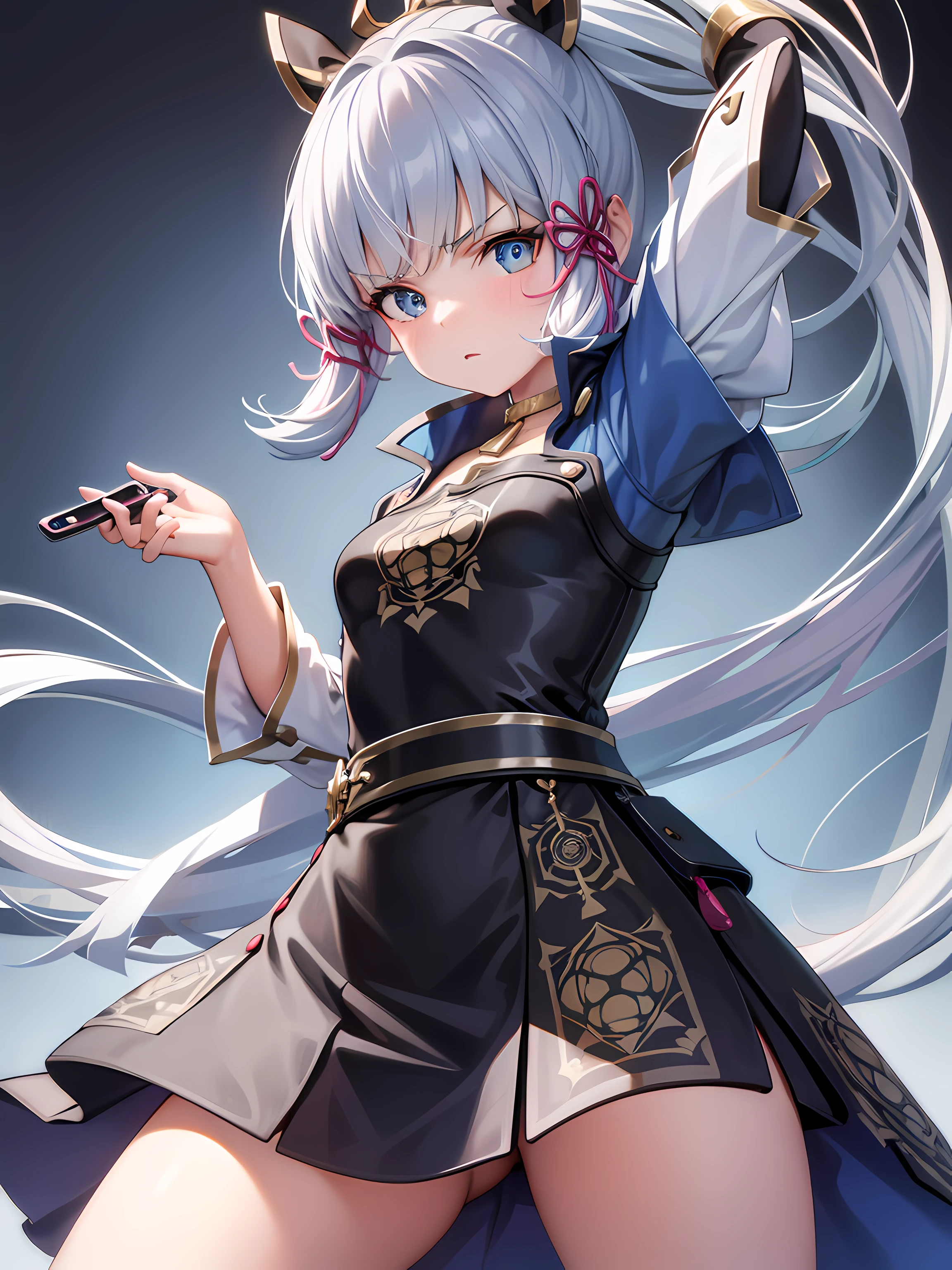 1girll,Holding the phone in one hand,Hold your chin up with one hand,talking on phone,High resolution 4K,Angry expressions,solid color backdrop