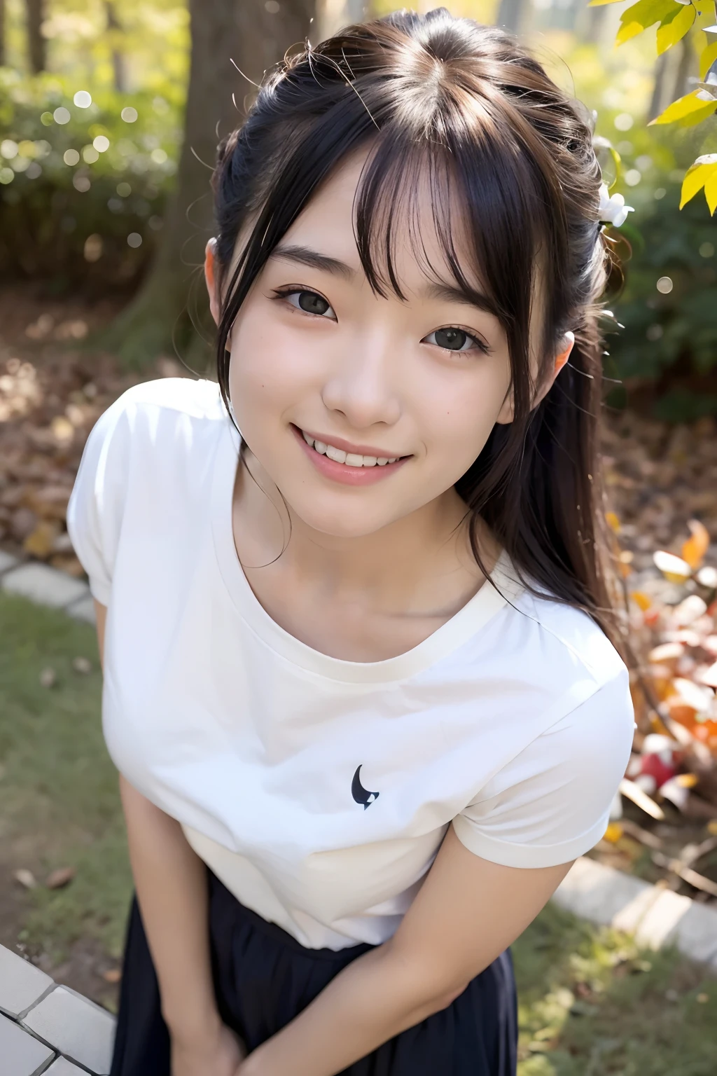(top-quality、8K、32K、masuter piece、nffsw:1.2)、Cute Japan Girl、1人、profile、(slim figure:1.2)、(s lips) 、(Black hair)、二重まぶた、shinny skin、Realistic rays、mare、beauitful face、(A smile:1.3)、crouching down、(From above:1.2)、(a closeup:1.4)、white t-shirts、Forest of autumn leaves、blurry backround、(Front Focus)、(Dark: 1.6)、Fantasy Art、photoRealstic、Professional Lighting、extra detailed face、Award-winning、deep-shadows、