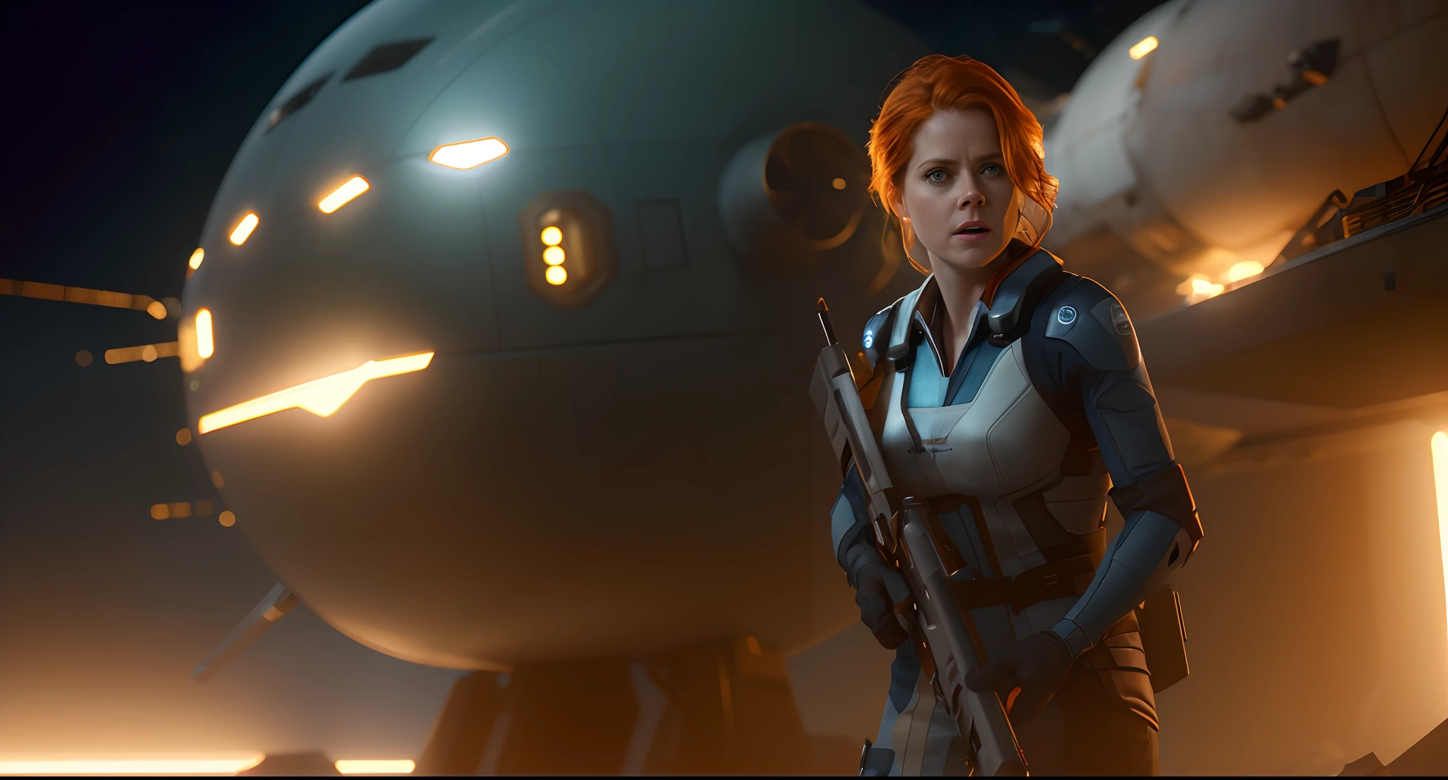 Hot terrified Sci fi Amy Adams holding a sci fi weapon on Ishimura Horror Space Ship photography, natural light, photorealism, cinematic rendering, ray tracing, the highest quality, the highest detail, Cinematic, Third-Person View, Blur Effect, Long Exposure, 8K, Ultra-HD, Natural Lighting, Moody Lighting, Cinematic Lighting