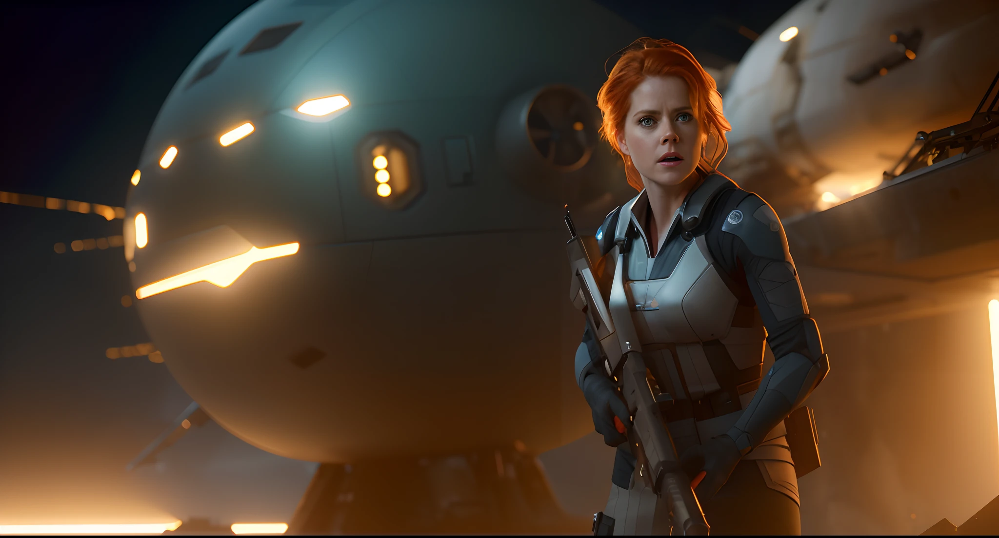 Hot terrified Sci fi Amy Adams holding a sci fi weapon on Ishimura Horror Space Ship photography, natural light, photorealism, cinematic rendering, ray tracing, the highest quality, the highest detail, Cinematic, Third-Person View, Blur Effect, Long Exposure, 8K, Ultra-HD, Natural Lighting, Moody Lighting, Cinematic Lighting