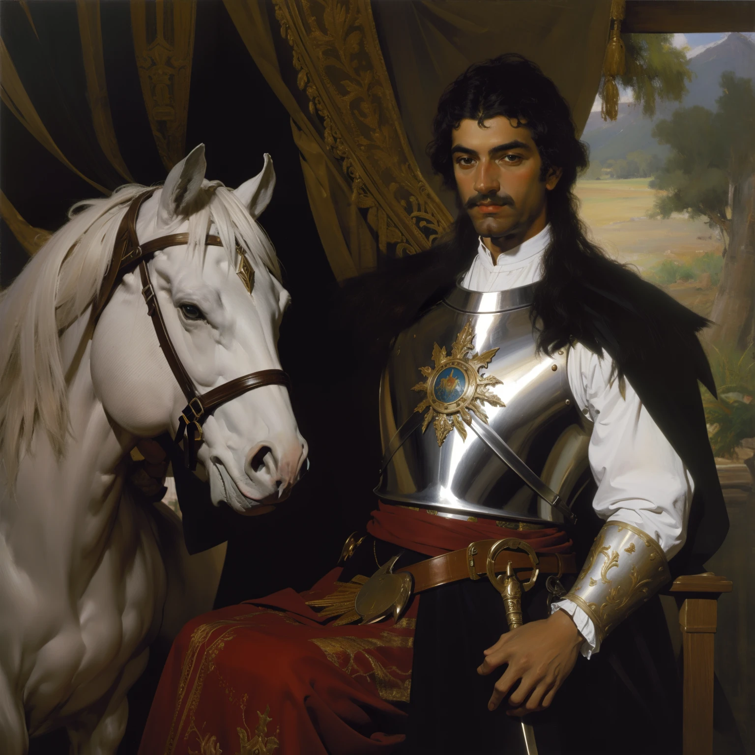 Oil painting showing a white nobleman in noble clothes and a steel breastplate next to an 18th-century Portuguese steel helmet,em uma floresta tropical.
