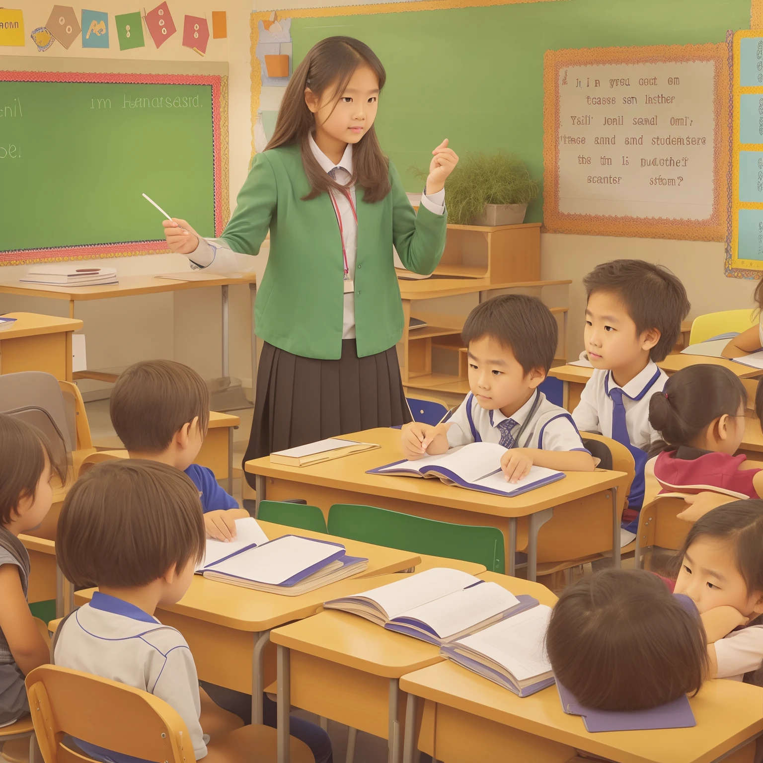 In the classroom,A teacher is in class,Many students are listening carefully