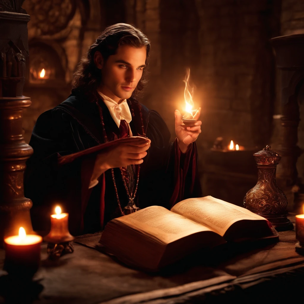 （Male magic teacher in the Harry Potter universe）, Vibrant magical environment, Mysterious Potions classroom, Magic Book, Cast a magic wand, Magical creatures, Wand movement with intricate patterns, Flashing spell effect, Spin the robe, Engaging lectures, Engaging storytelling, Enigmatic Atmosphere, Flashing candlelight, Spells and charms,  mythological creatures, Wonderful exams, Wizard test, Brewing potions, intense concentration, magical artifacts,  enchanting spell, Engaging course。
