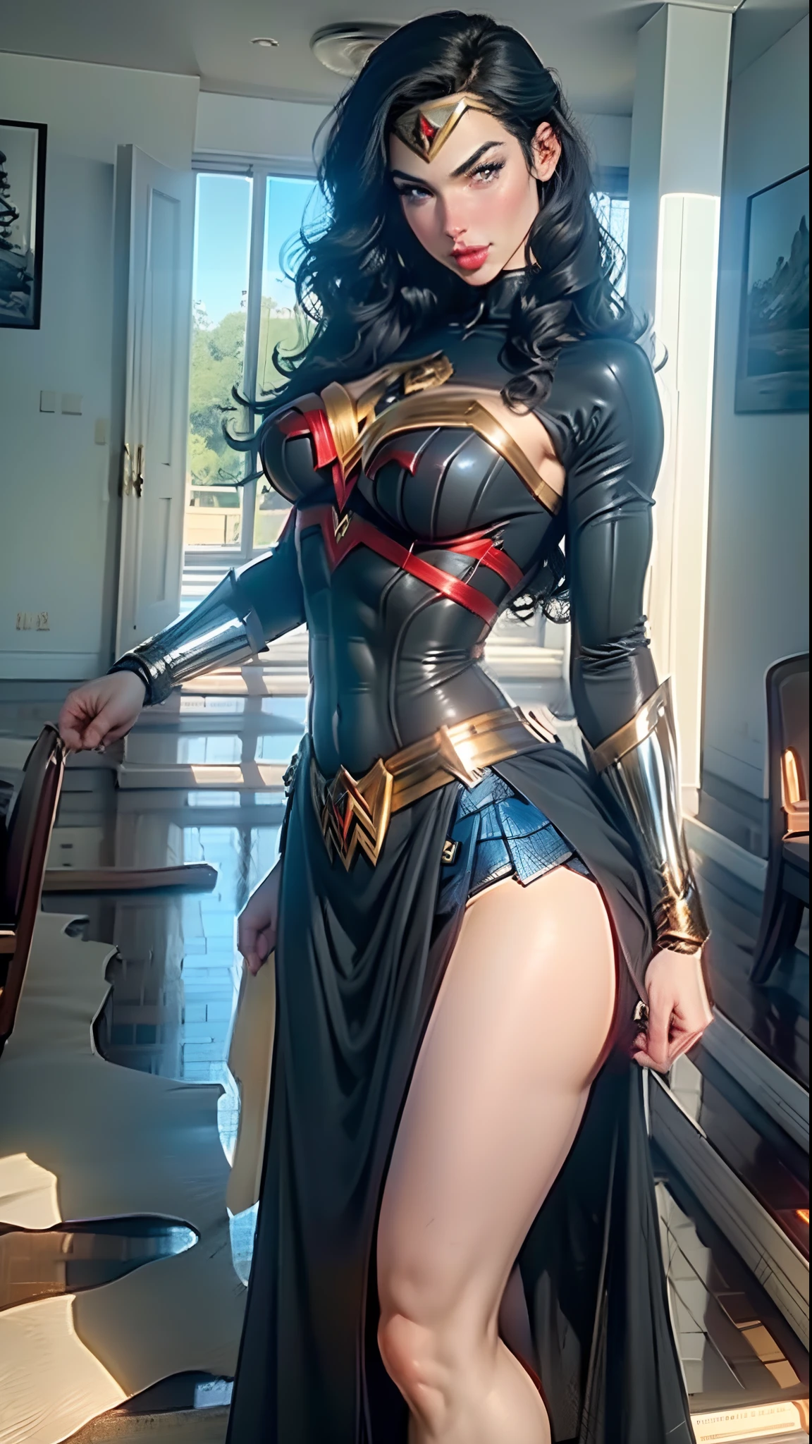 (best quality)), ((masterpiece)), ((realistic)), (detailed), detailed face, wonder woman (gal gadot)Beautiful woman (20s, long black hair, blue eyes) defined, detailed body, wearing tube dress wonder woman(((huge breasts)))