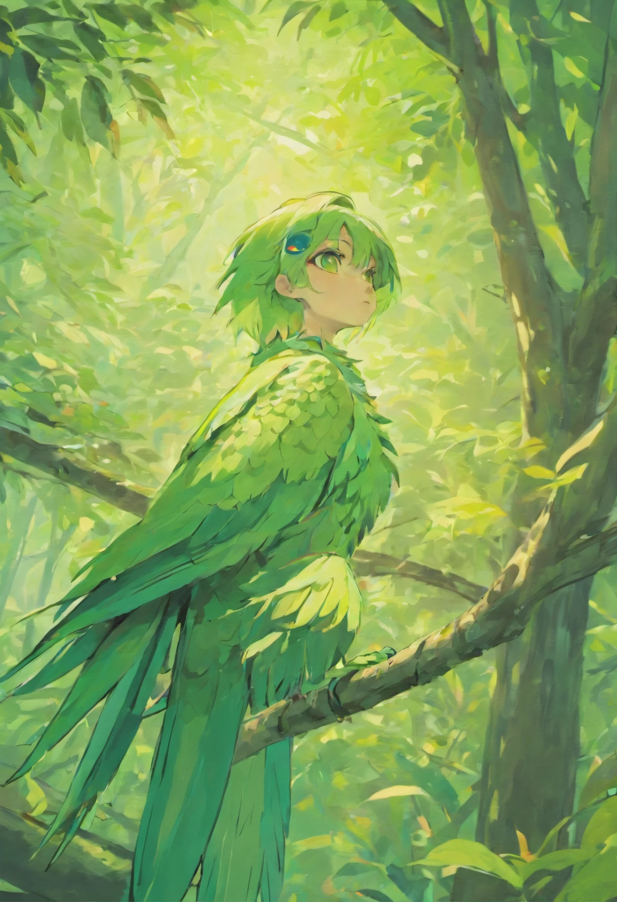 There was a parrot in the tree, Parrot song, beautiful green feathers, SNES Painting