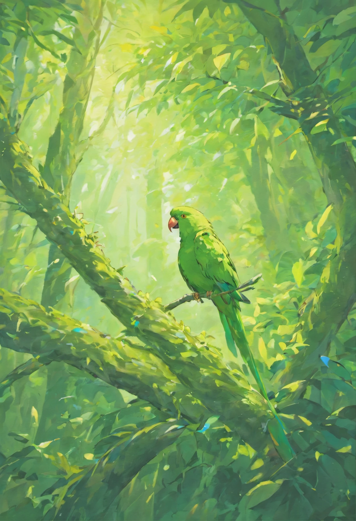 There was a parrot in the tree, Parrot song, beautiful green feathers, SNES Painting