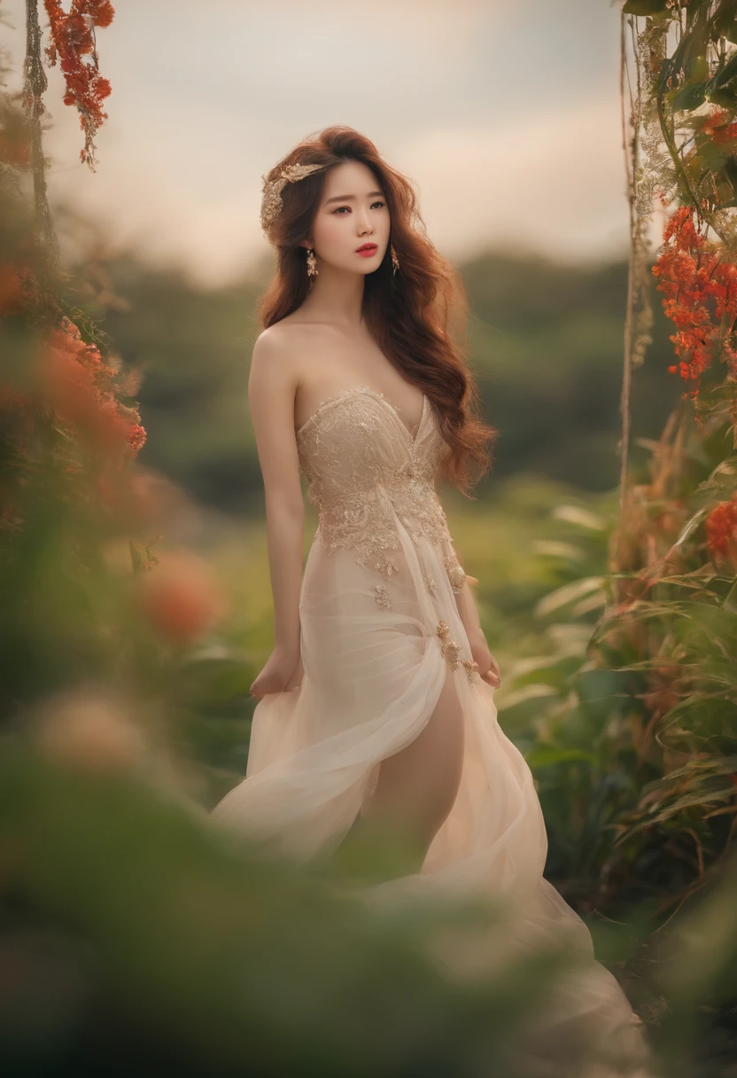 frontage, idol, full body photograph, 8k, Nude, 20's, Korean Girl, Wave hair, Full-body photograph, depth of fields