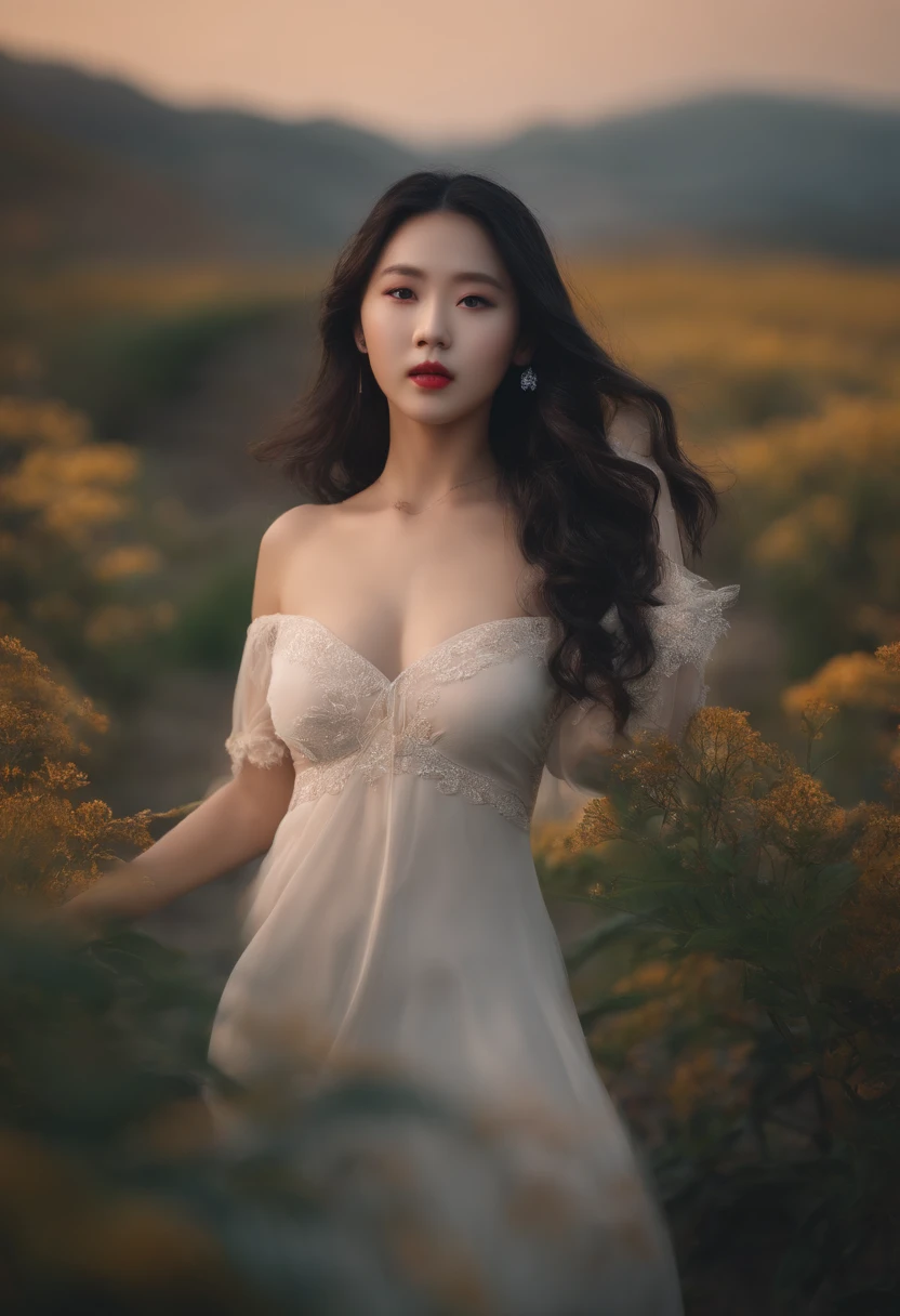 frontage, idol, full body photograph, 8k, Nude, 20's, Korean Girl, Wave hair, Full-body photograph, depth of fields