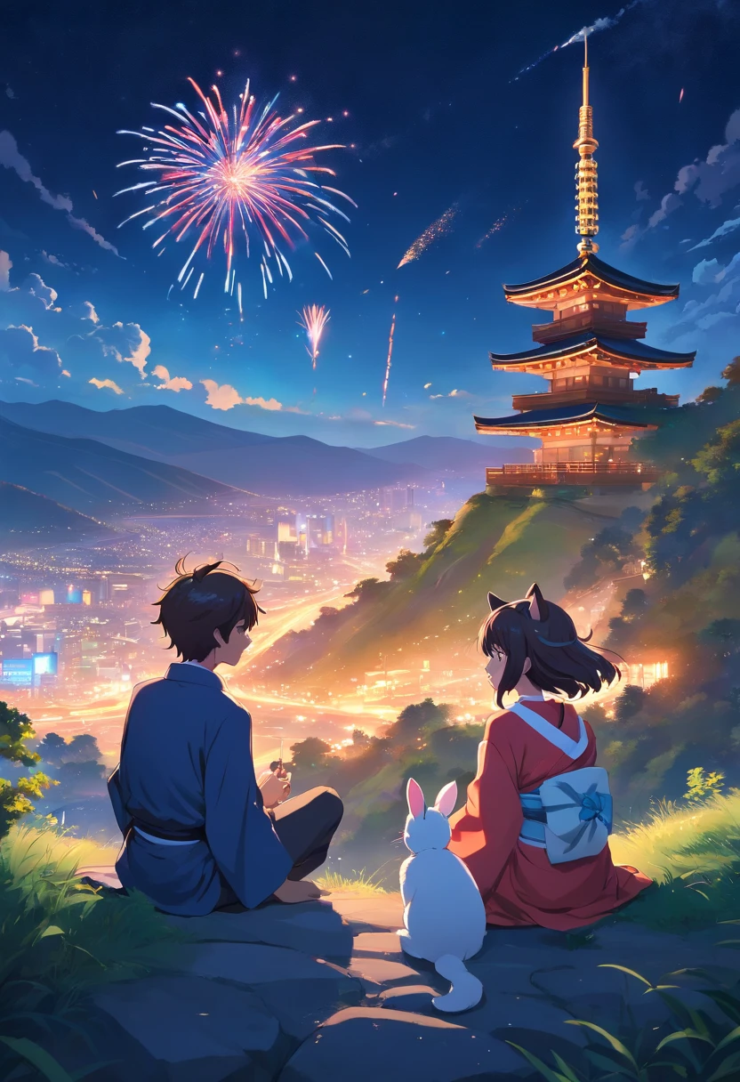 Cat girl and bunny boy sitting on the hill, View Night Sky, wearing kimonos, fireworks in the sky