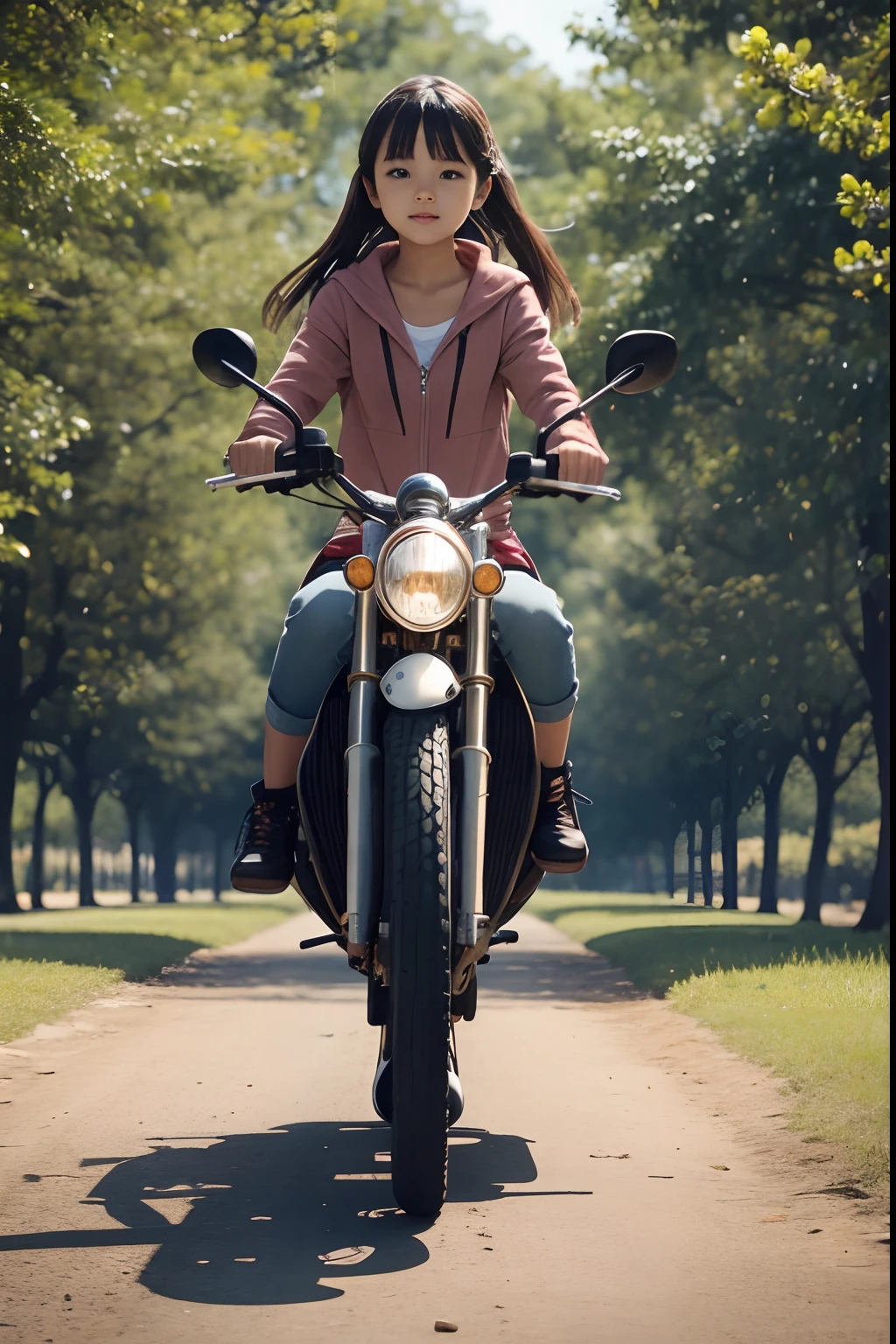 Beautiful young girl is riding on a big ant, walking in the park