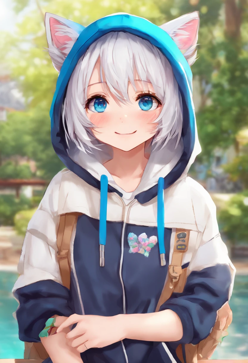 (best quality,4k,8k,highres,masterpiece:1.2),ultra-detailed,(realistic,photorealistic,photo-realistic:1.37),adult Male neko,(soft:1.1),(cute:1.1) outfit,(bright:1.1,blue:1.1) eyes,long white hair,black hoodie