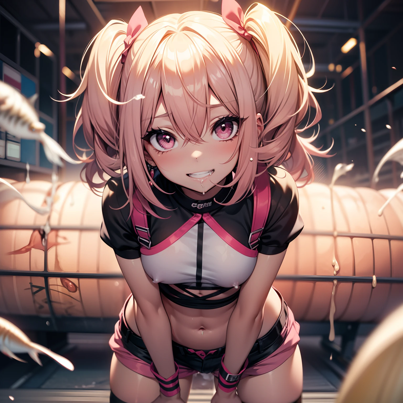 , gyaru, tan skin, eyeshadow, crop top, tanlines, pink panties, short shorts, fishnets, cocky grin, sex, creampie, crossed eyes, cum, cum on face, cum in mouth, cum in hair, cum on belly