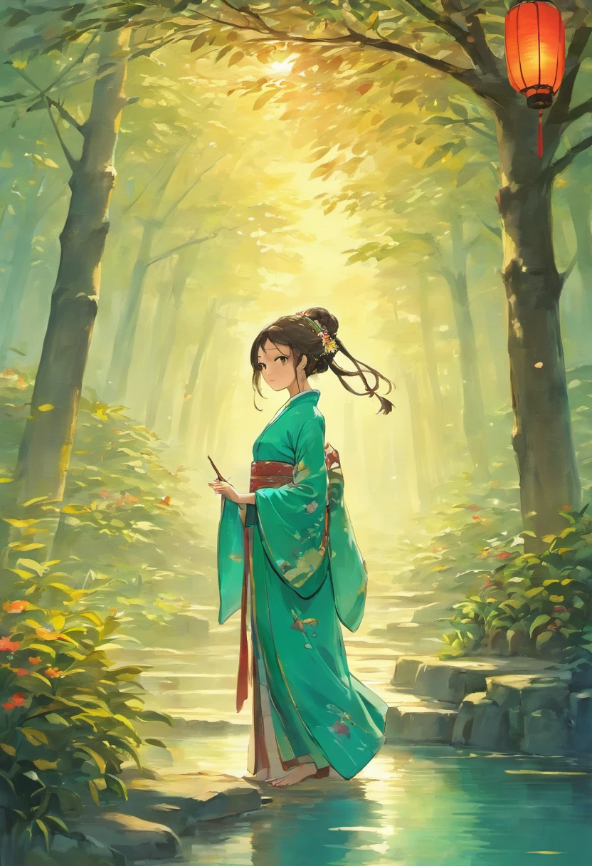 best quality,ultra-detailed,realistic,girl in a garden,traditional chinese dress,graceful posture,floating lanterns,lotus flowers,ancient architecture,bamboo forest,serene atmosphere,soft lighting,vibrant colors,chinese calligraphy,beautiful detailed eyes,cherry blossom tree,peaceful landscape,riverside view,harmonious colors,delicate brushstrokes,traditional music,tranquil mood,gentle breeze,serene beauty,majestic mountains,reflective pond,traditional tea ceremony,traditional chinese instrument,authentic cultural experience,tranquil setting,dreamy ambiance,warm sunlight,splashing water droplets,cascading waterfalls,traditional ornaments,elegant dance performance,enchanted garden,flying silk ribbons,peaceful temple,traditional chinese painting style,serenity embodied in nature