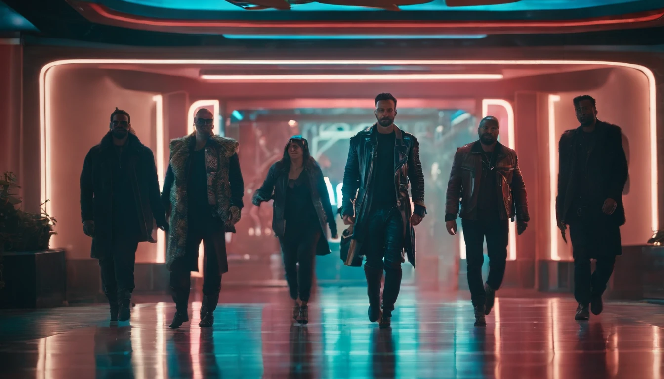 Commercial shooting,group of people,cyber punk perssonage,mall,stores