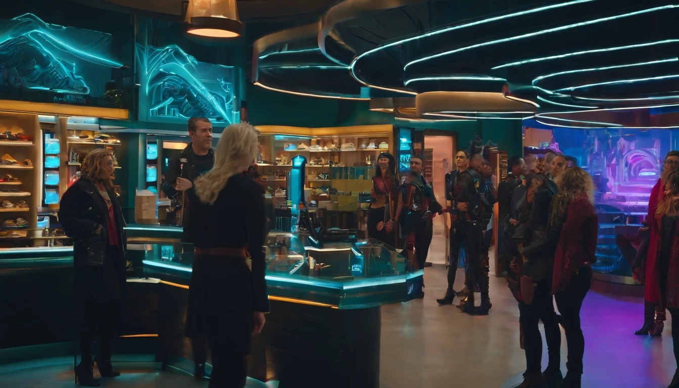 Commercial shooting,group of people,cyber punk perssonage,mall,stores